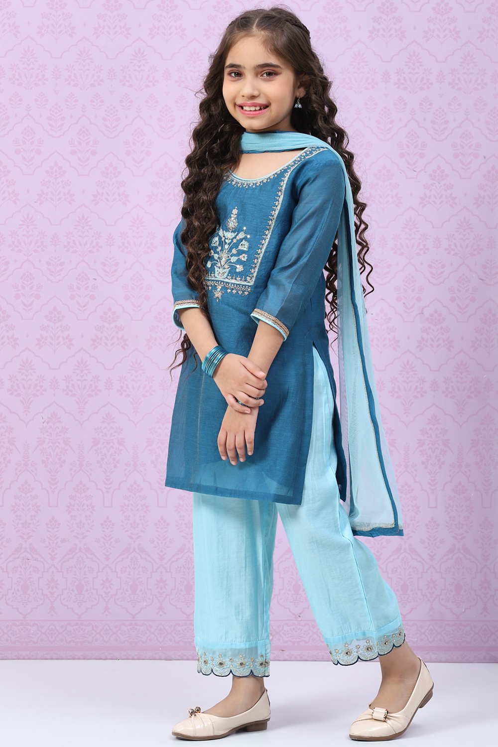 Marine Blue Art Silk Straight  Kurta Palazzo Suit Set image number 0