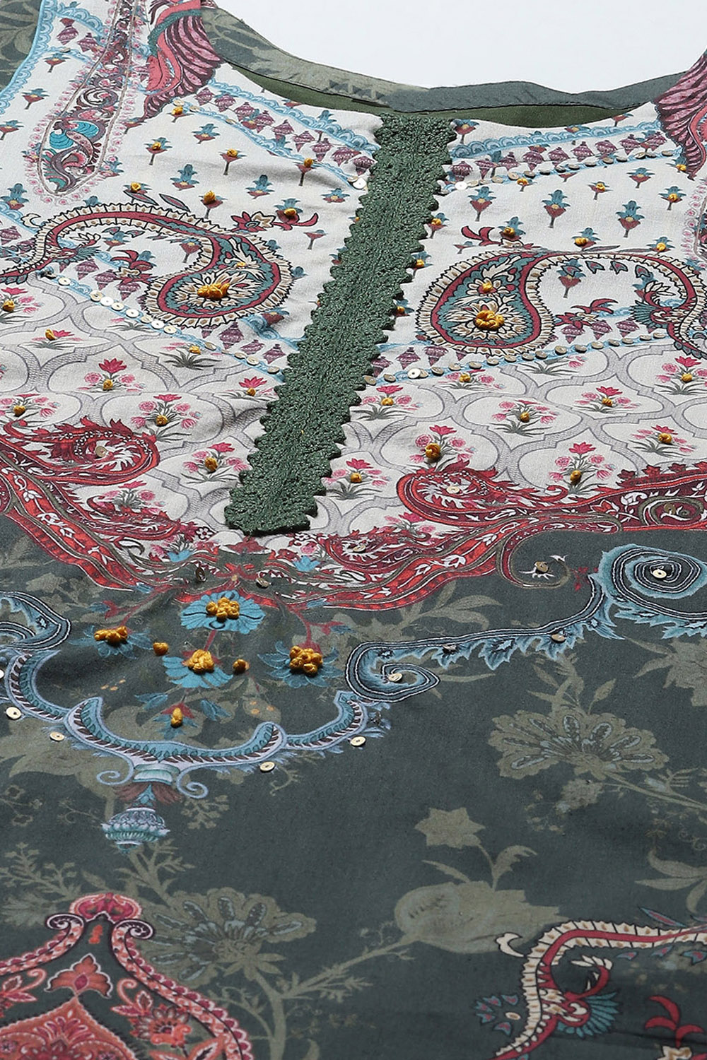 Olive Cotton Unstitched Suit set image number 2