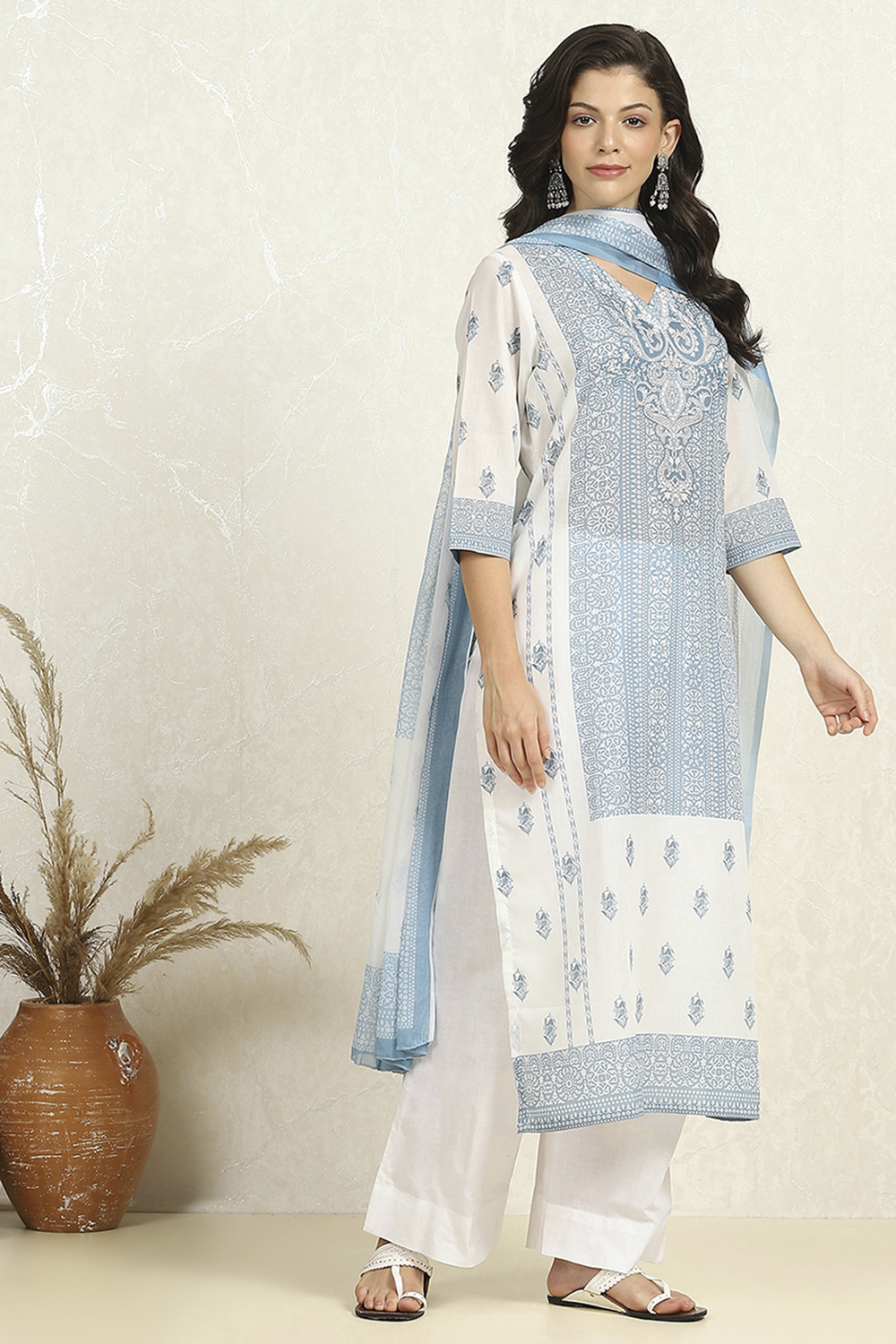 White-Blue Cotton Unstitched Suit Set image number 6