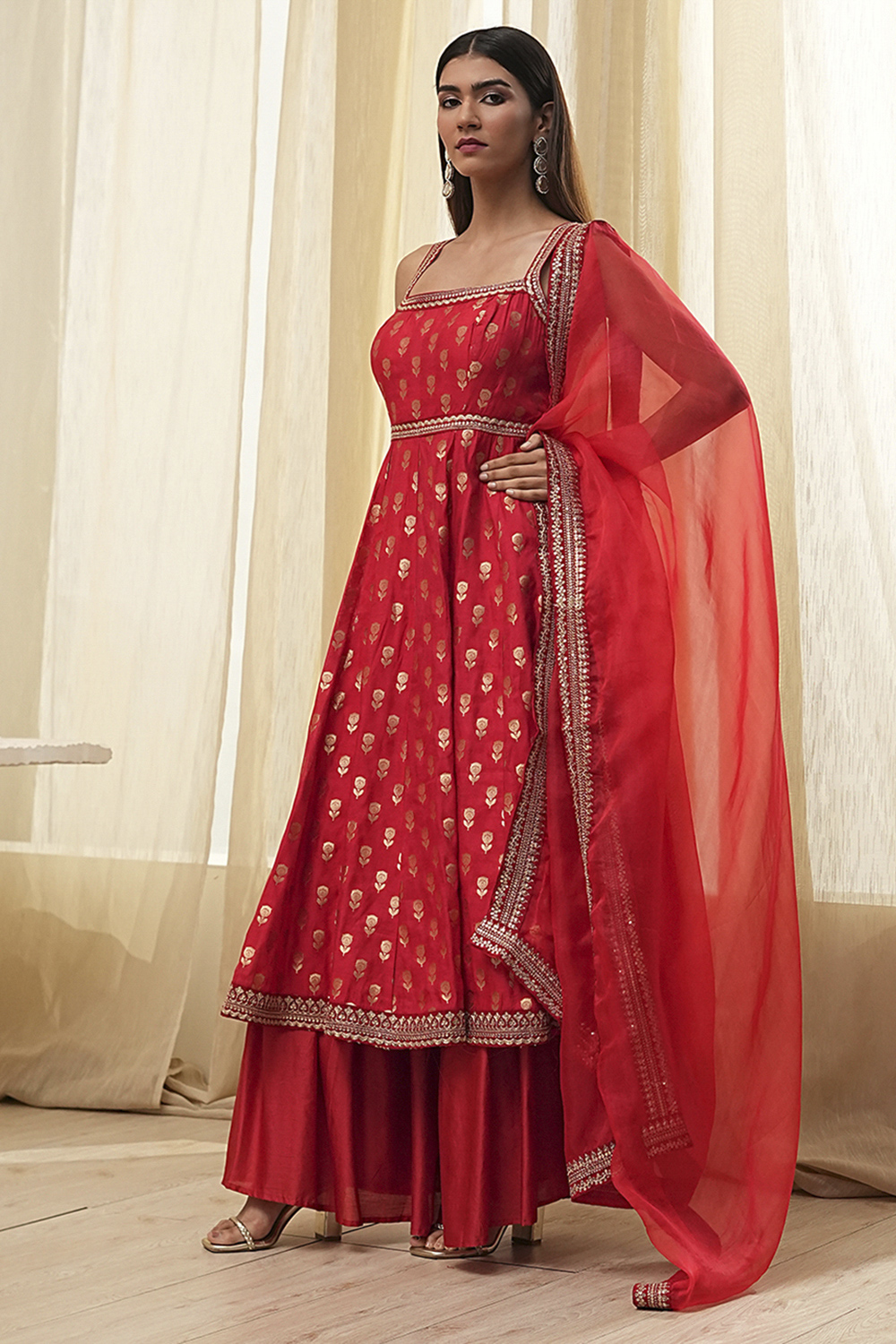 Red Yarn-Dyed Strappy Anarkali Suit Set image number 3