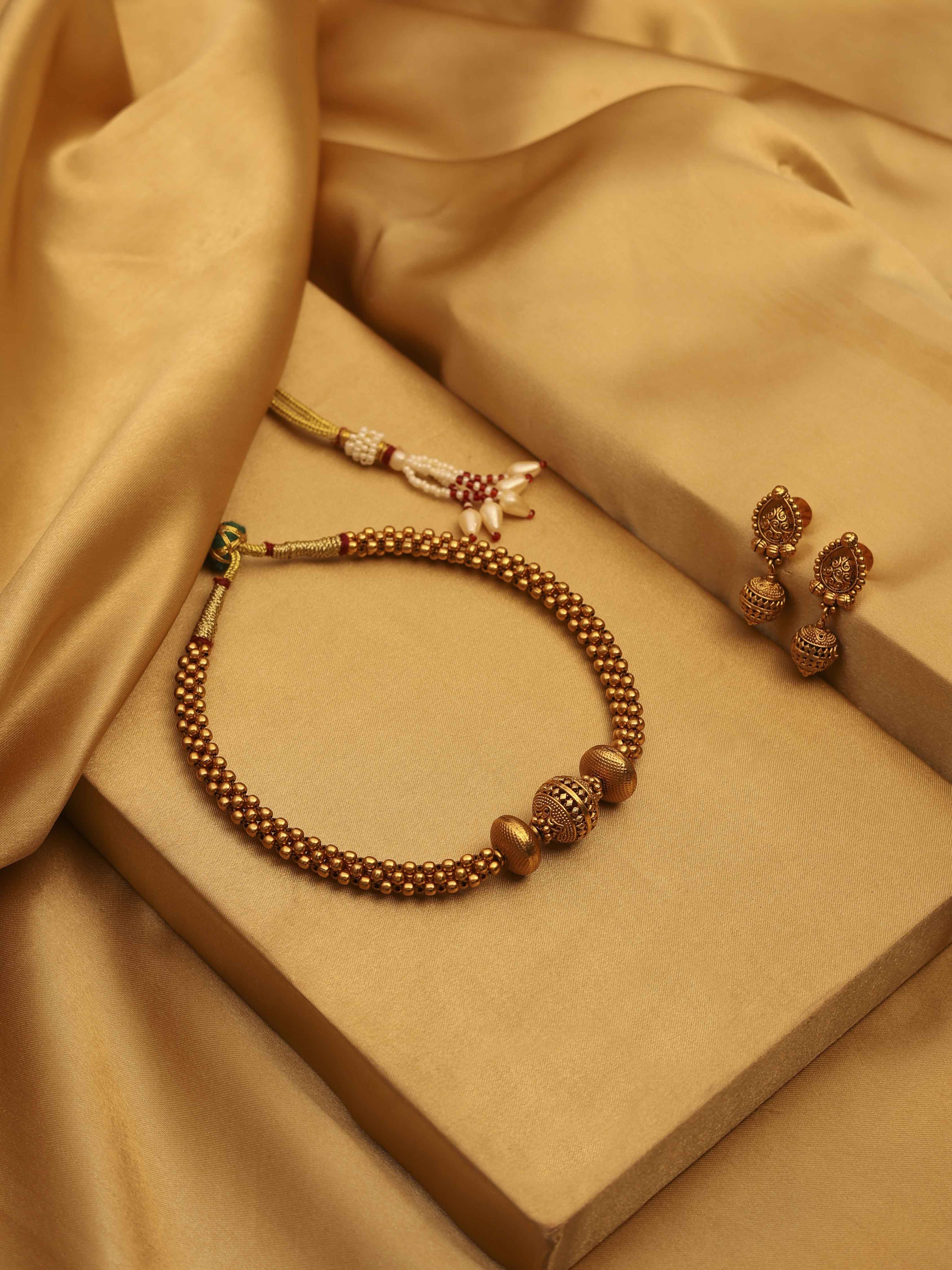 Gold Plated Brass Beaded Choker Necklace Set image number 0