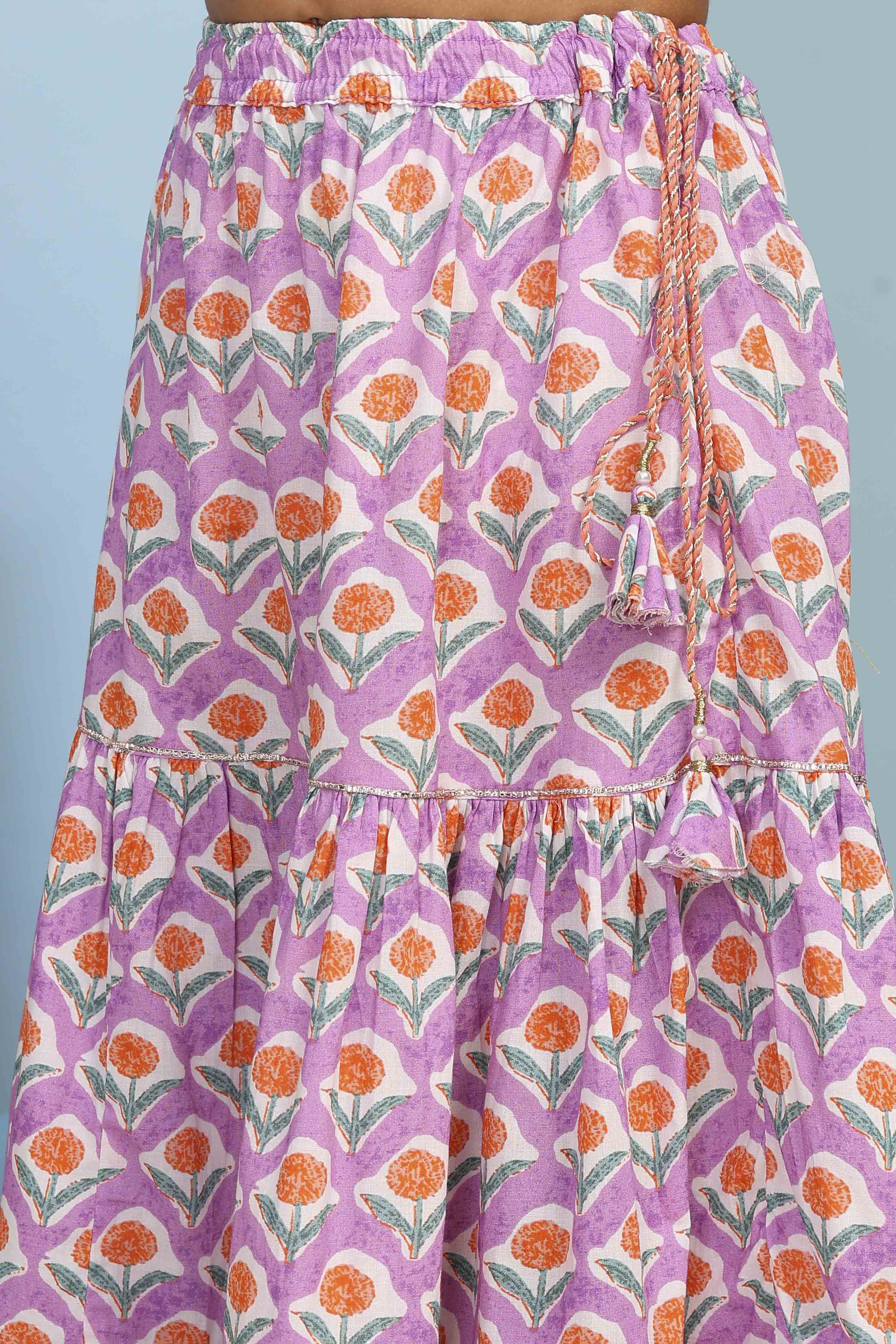 Lilac Cotton Printed Straight Lehenga Set image number 2