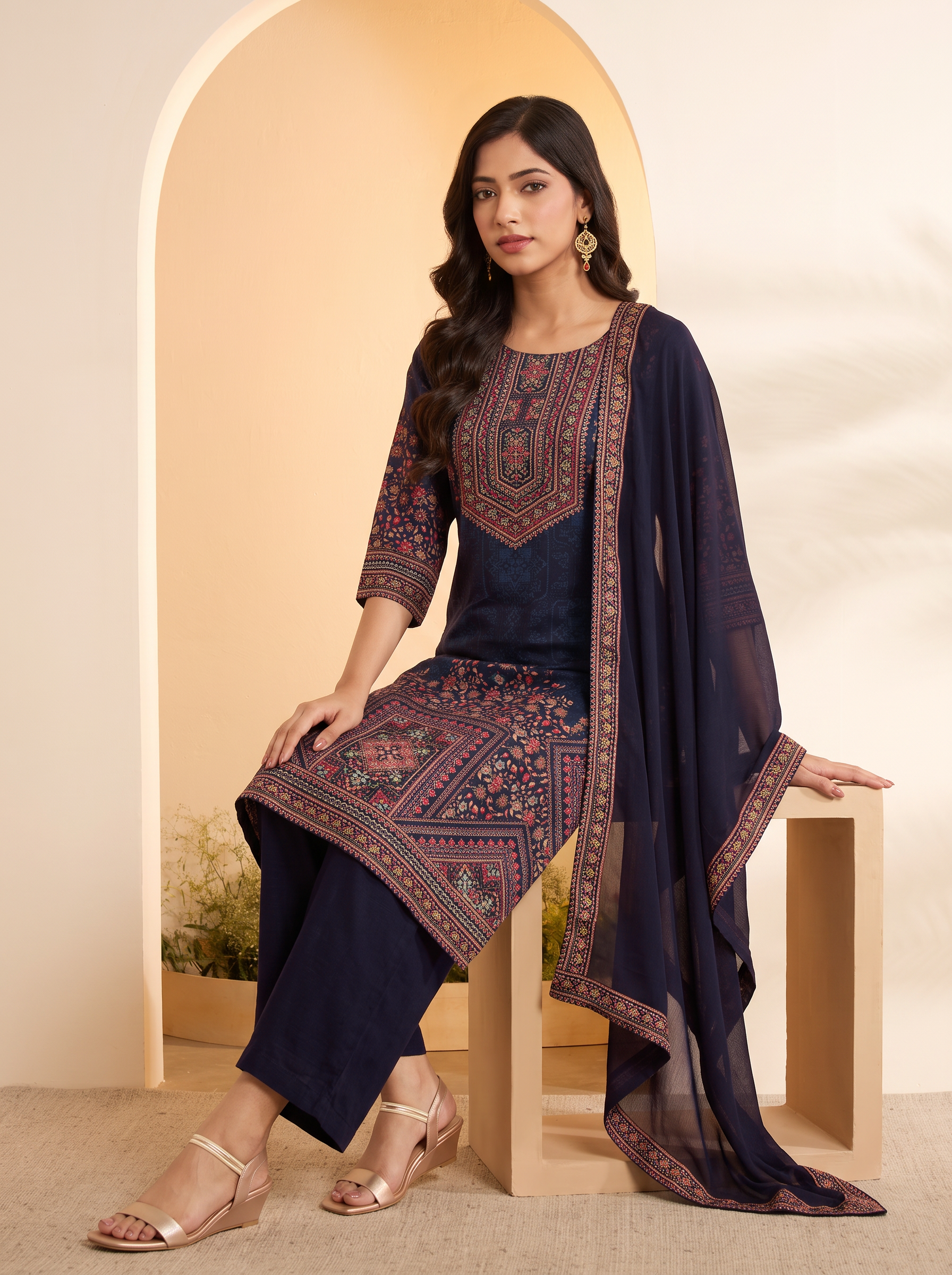 Blue Viscose Silk Printed Straight Kurta Set image number 0