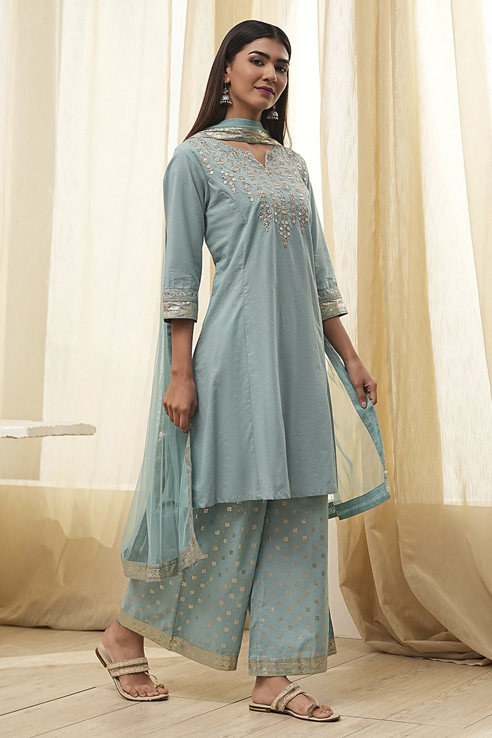 Dull Blue Cotton Embroidered Kalidar Suit Set image number 5