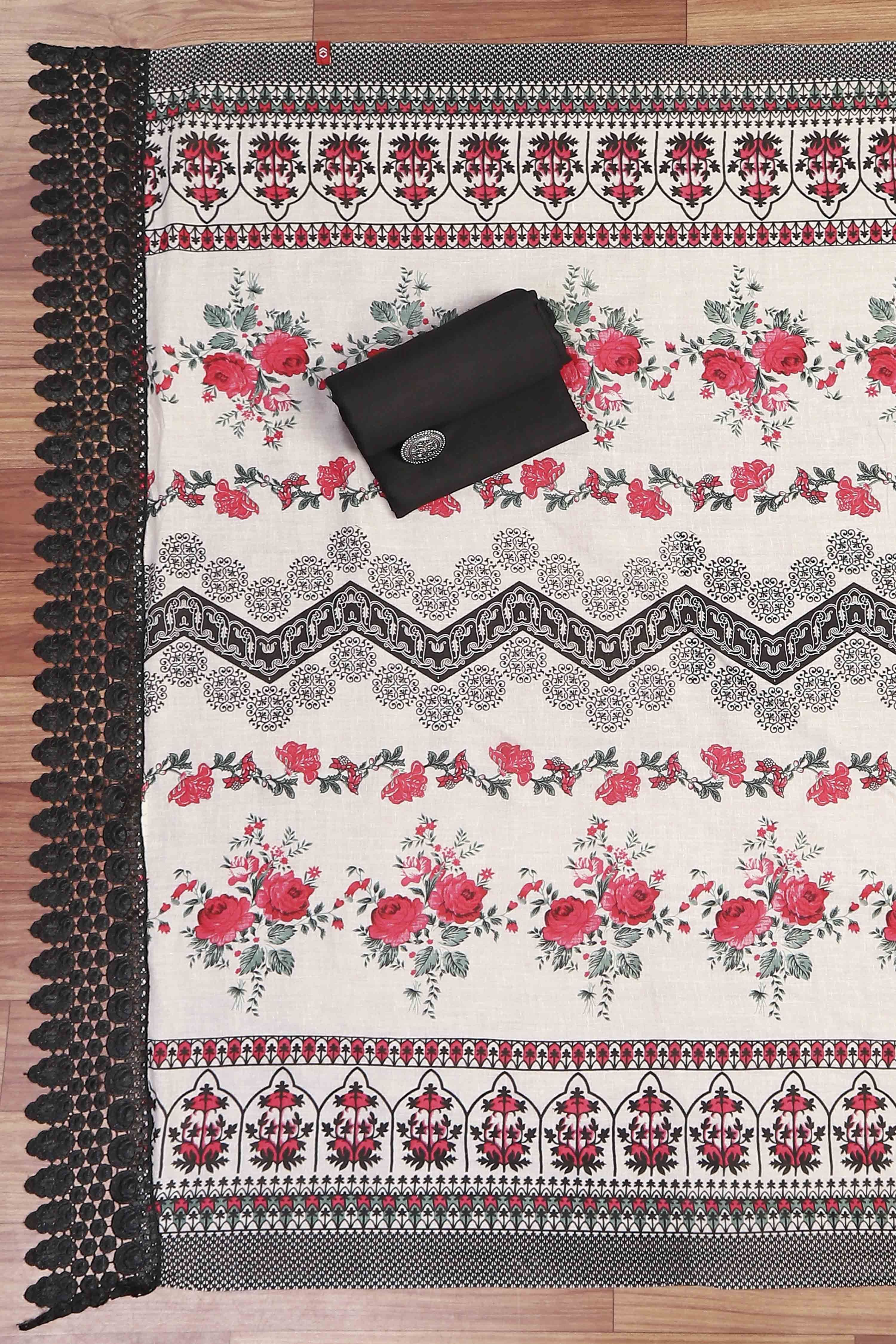 Off White Cotton Unstitched Suit Set image number 3