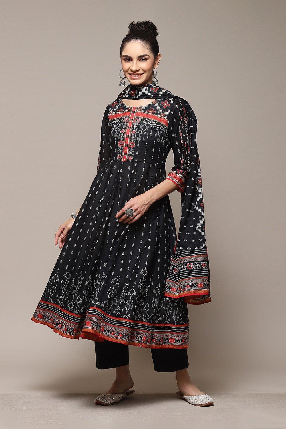 Buy Black Cotton Anarkali Kurta Palazzo Suit Set for INR4399.20 |Biba India