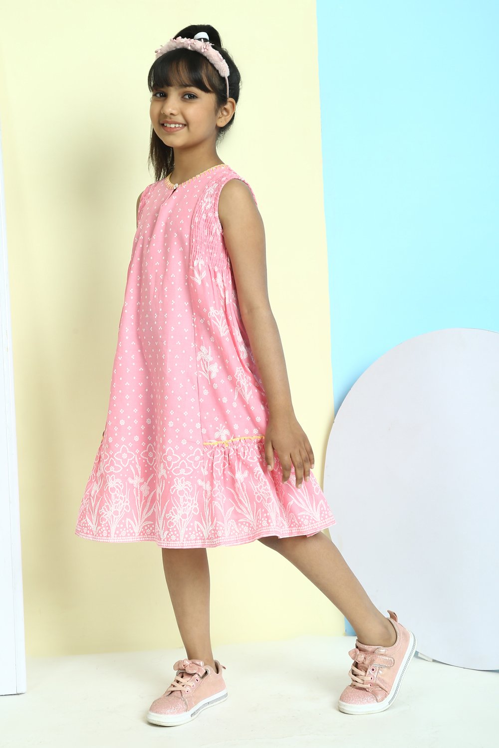 Pink Cotton Flared Printed Dress image number 2