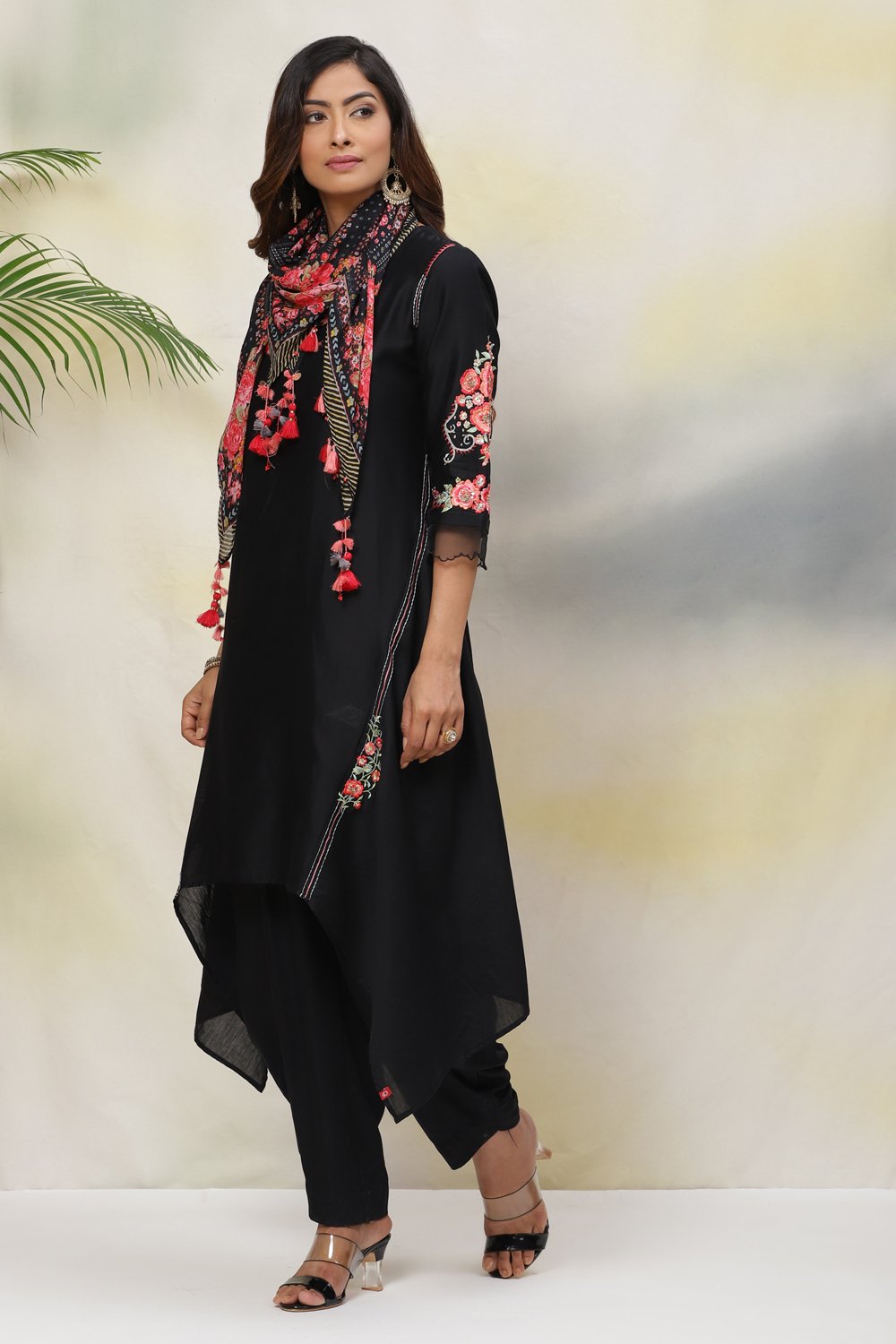 Black Cotton Silk Asymmetric Kurta Dhoti Salwar Suit Set image number 7