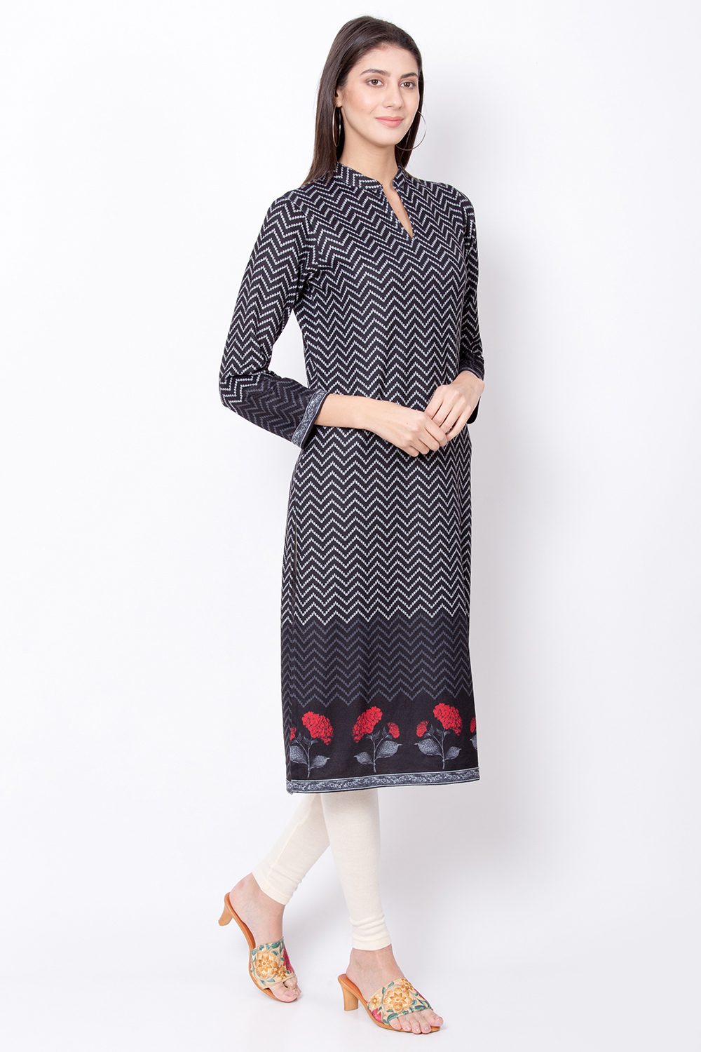 Black Straight Winter Printed Kurta image number 3