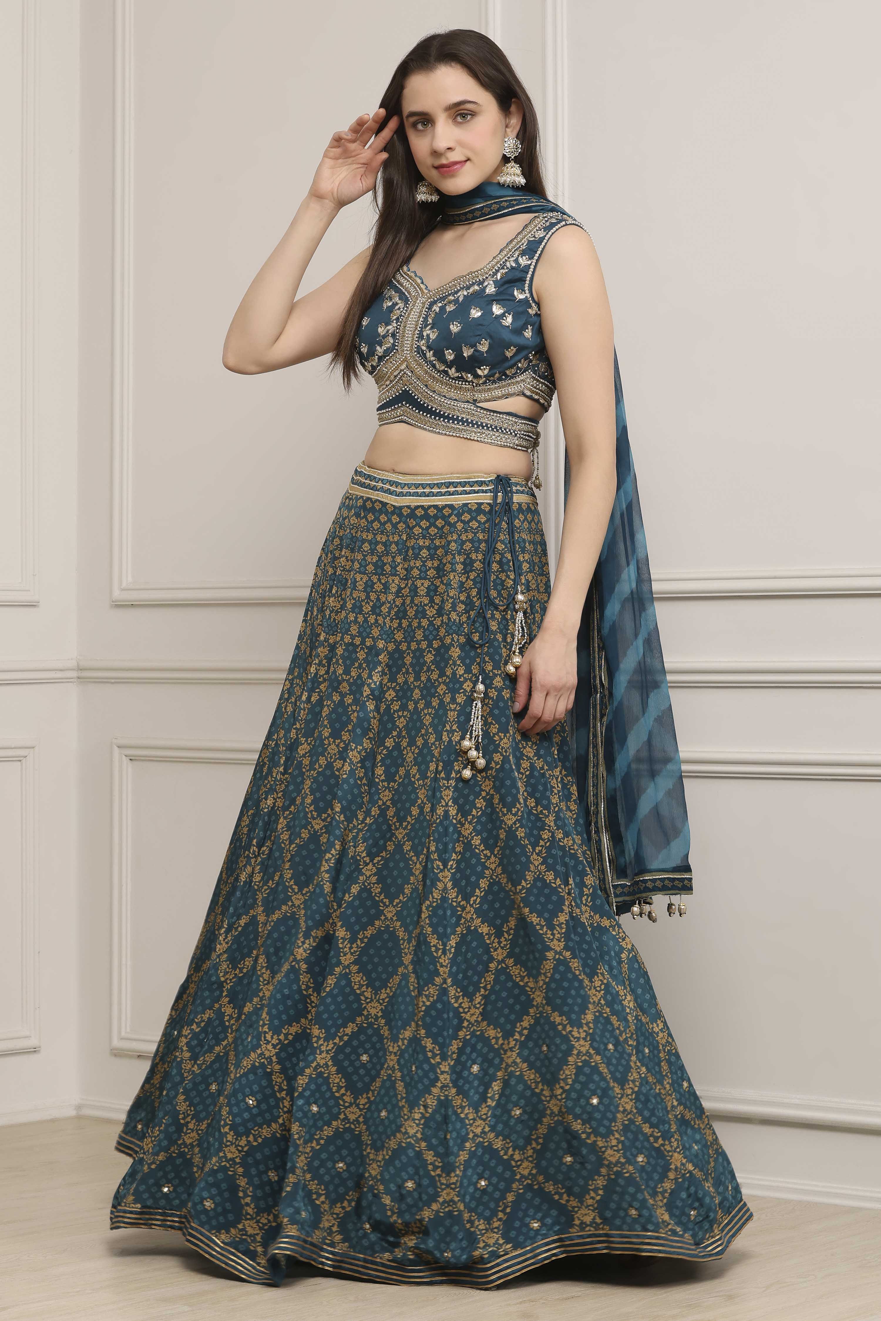 Teal Cotton Blend Dyed Lehenga Set image number 3