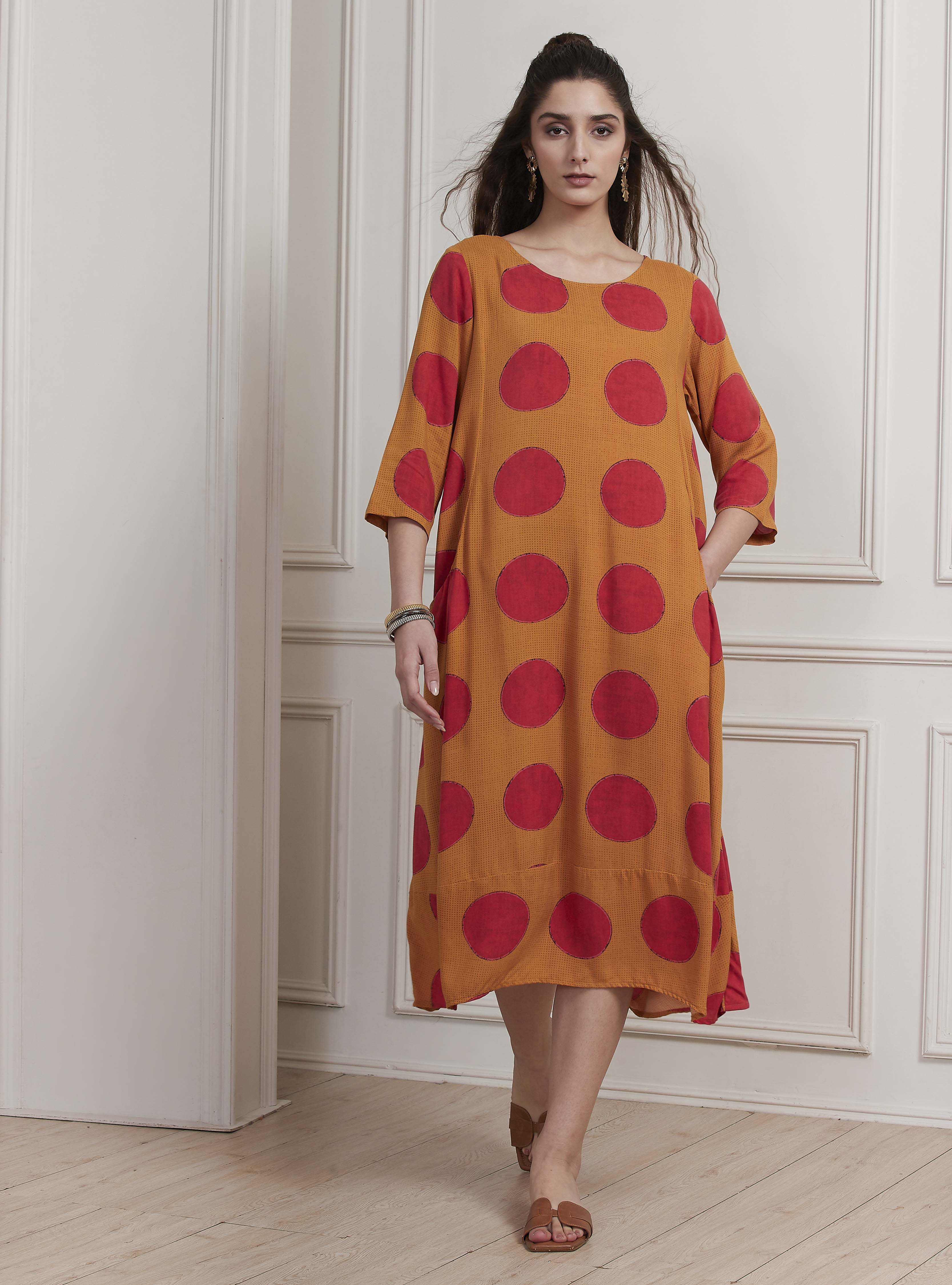 Mustard Yellow Printed A-Line Dress image number 5