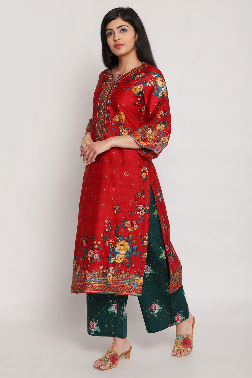 Red Cotton Straight Printed Kurta image number 3