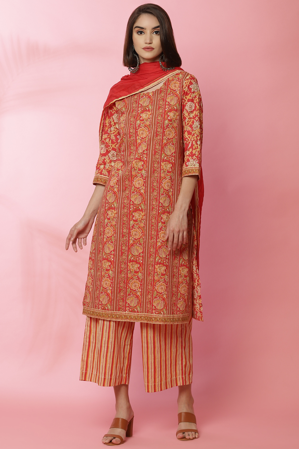 Red Cotton Straight Kurta Palazzo Suit Set image number 6