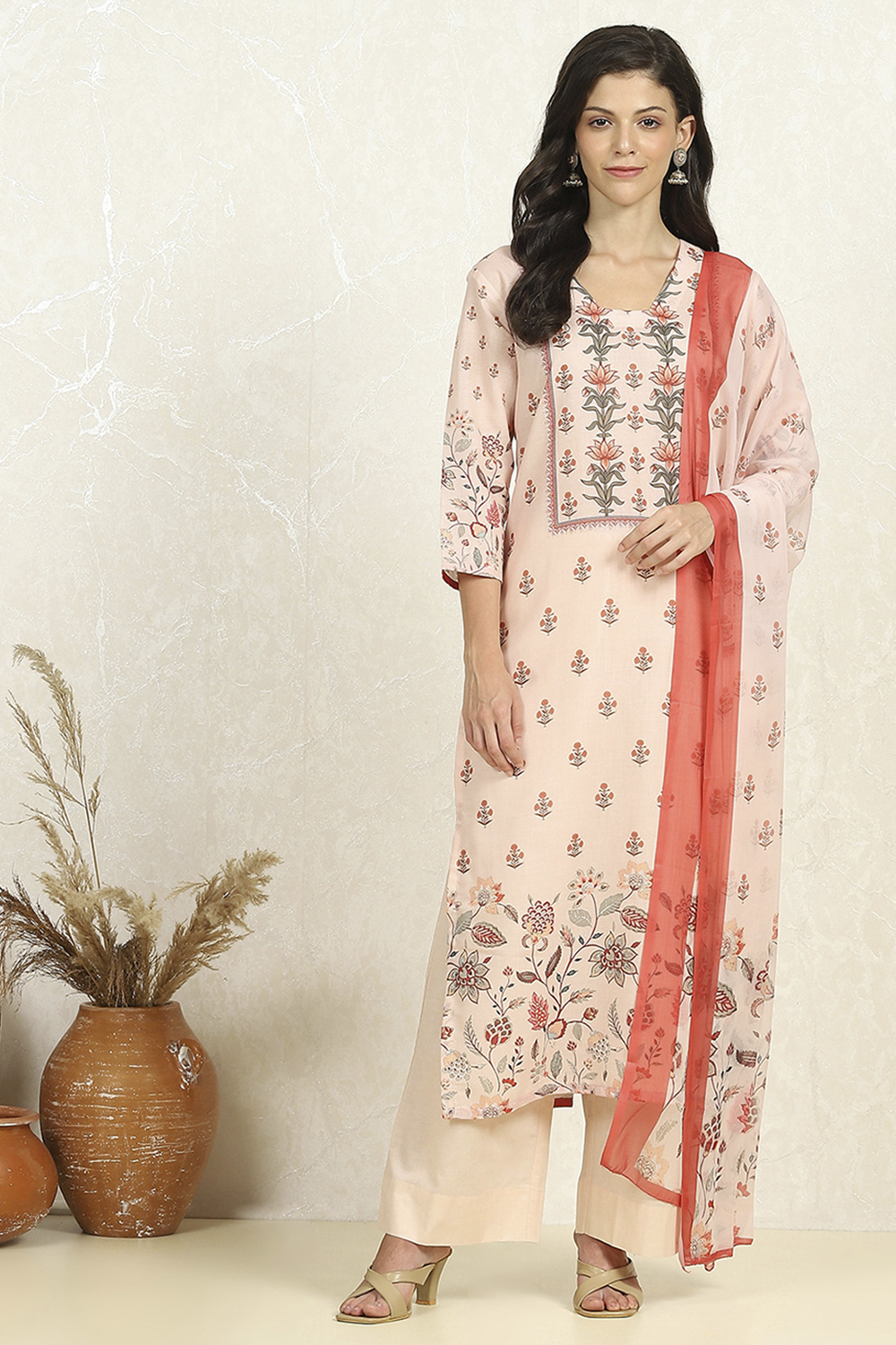 Cream Cotton Unstitched Suit Set image number 7