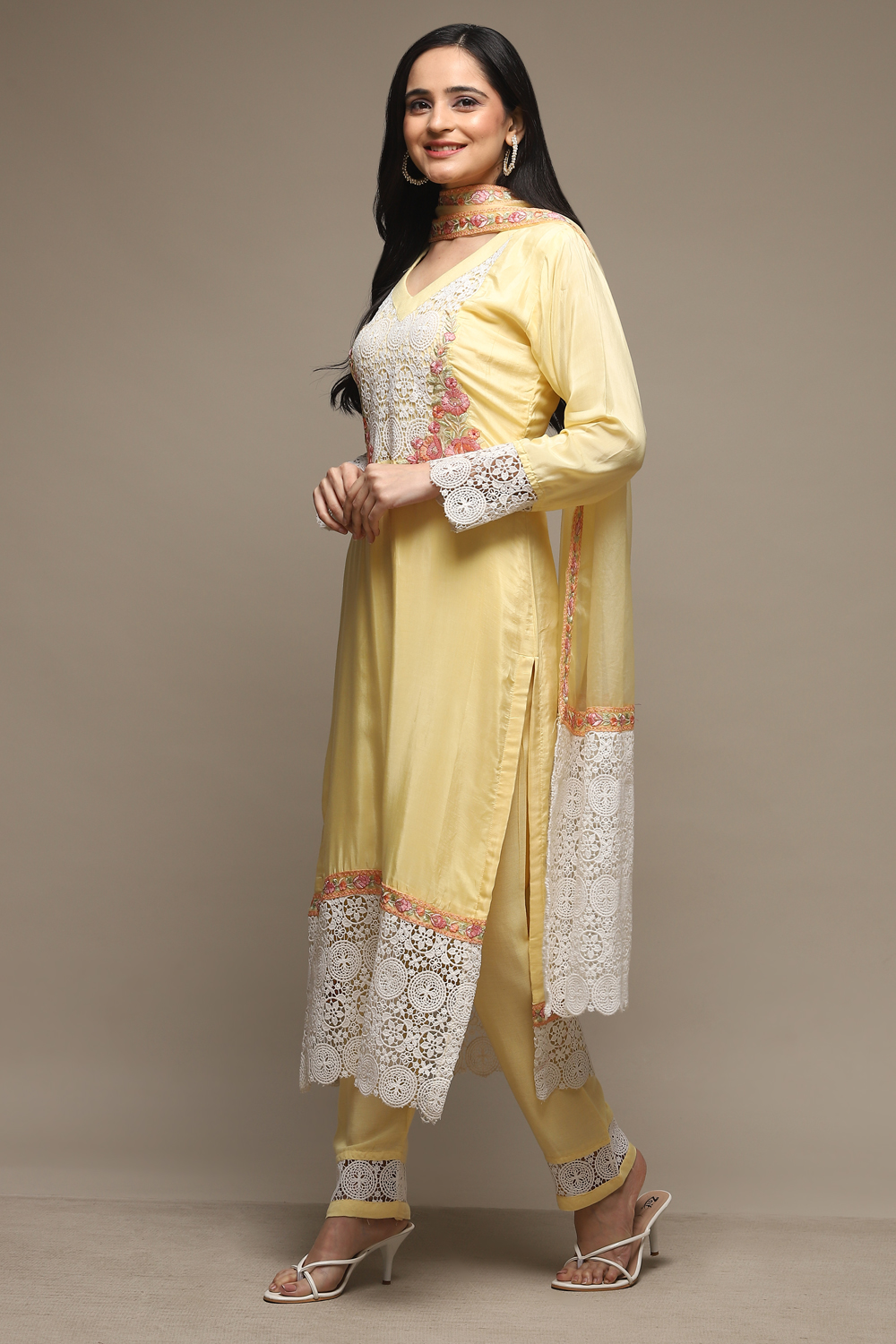 Pastel Yellow Muslin Lace Unstitched Suit Set image number 5