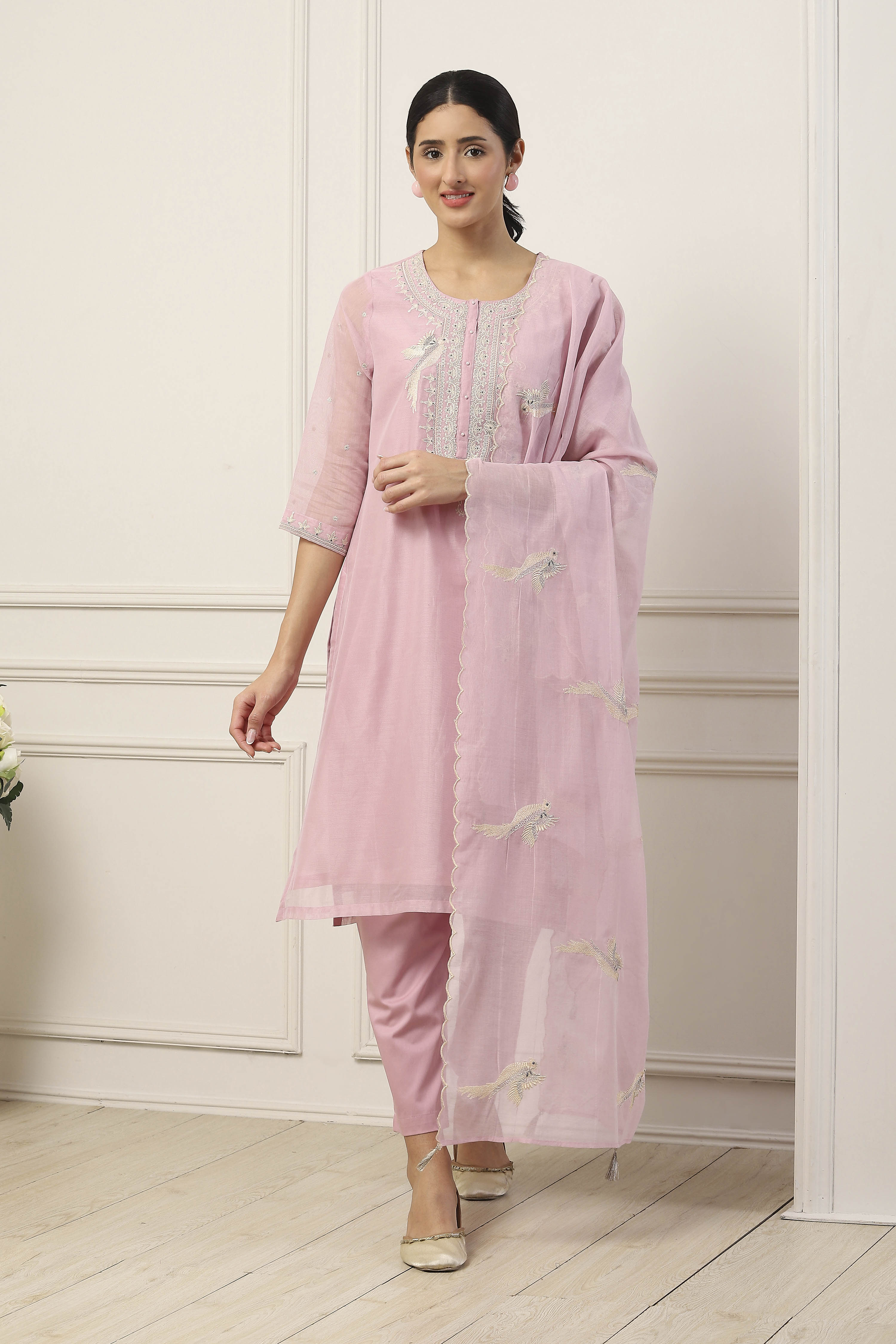 Pink Poly Chanderi Embroidered Straight Suit Set image number 6