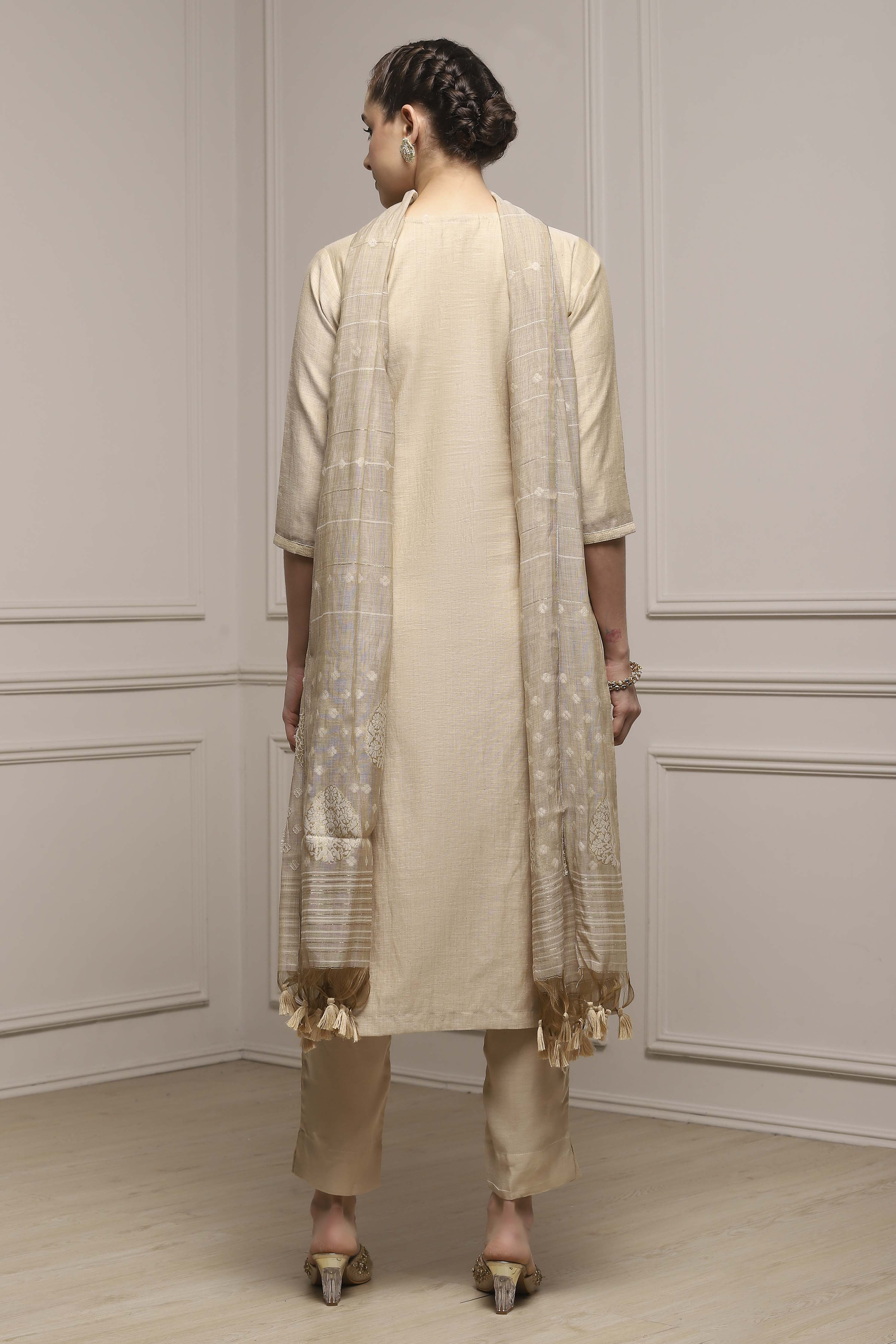 Beige Chanderi Blend Hand Embroidered Unstitched Suit Set image number 5