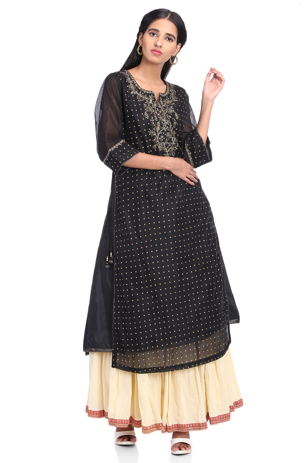 Black Poly Cotton A-Line Printed Kurta image number 4