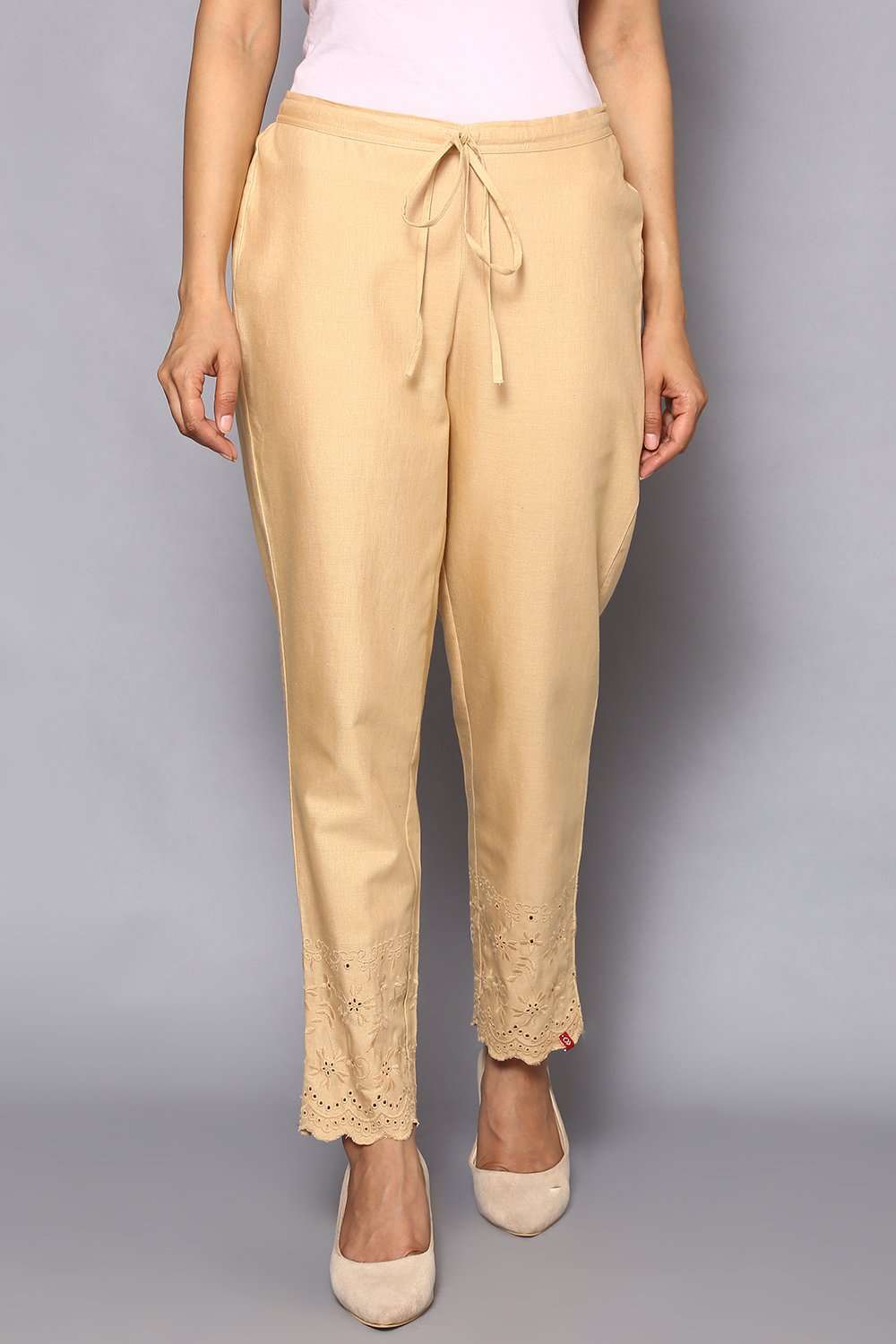 Beige Cotton Flax Regular Pants image number 0