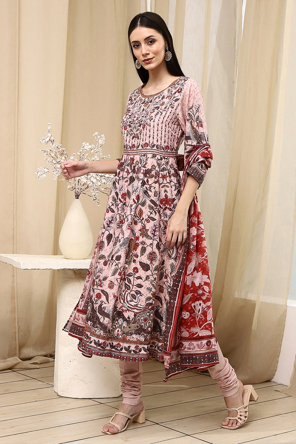 Beige Cotton Anarkali Printed Kurta Suit Set image number 3