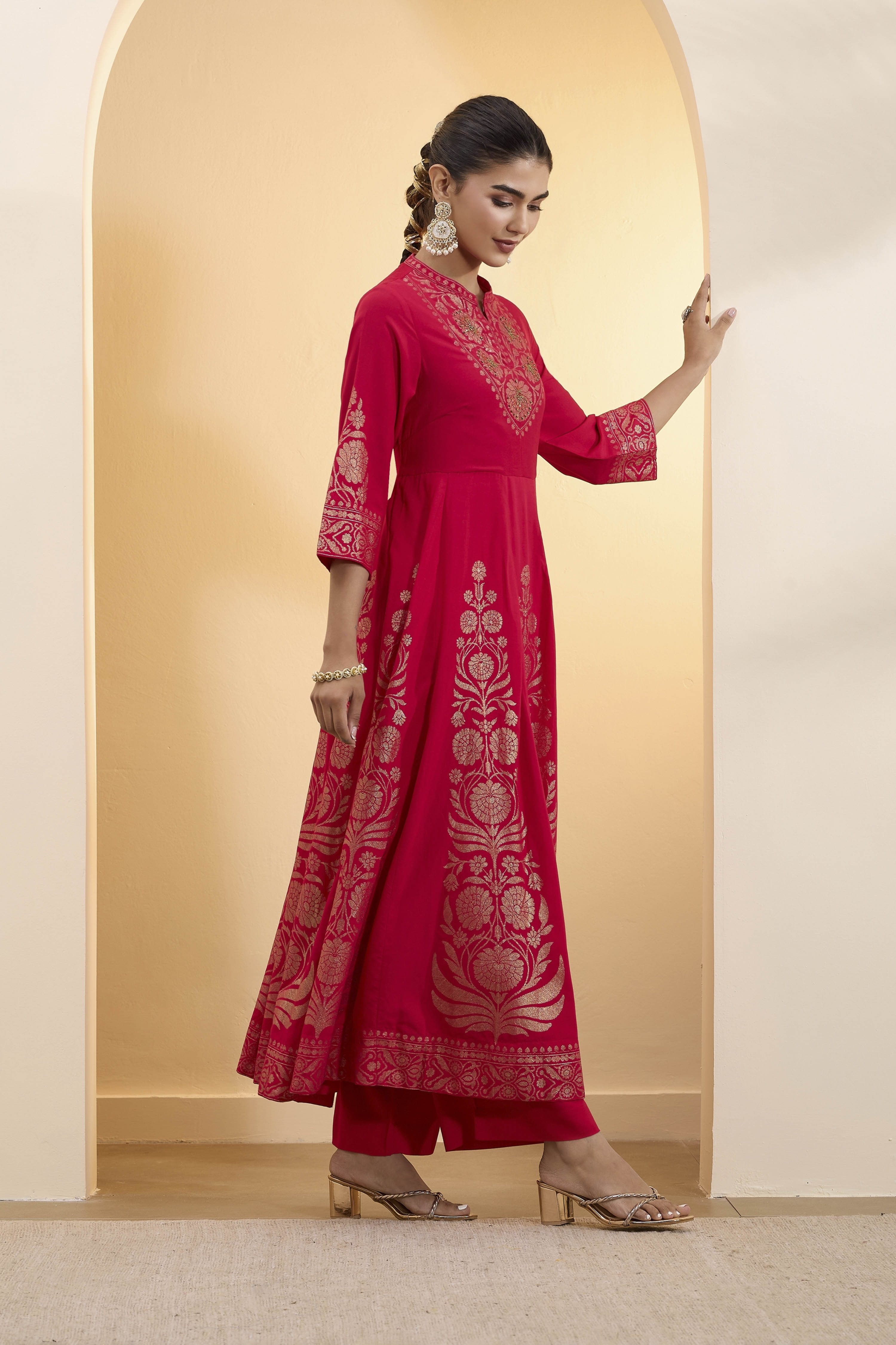 Red Poly Viscose Anarkali Kurta Set image number 5