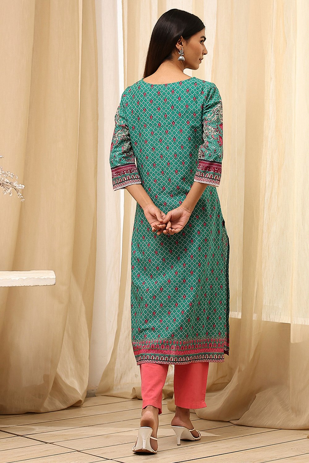 Green Cotton Printed Straight Kurta image number 4