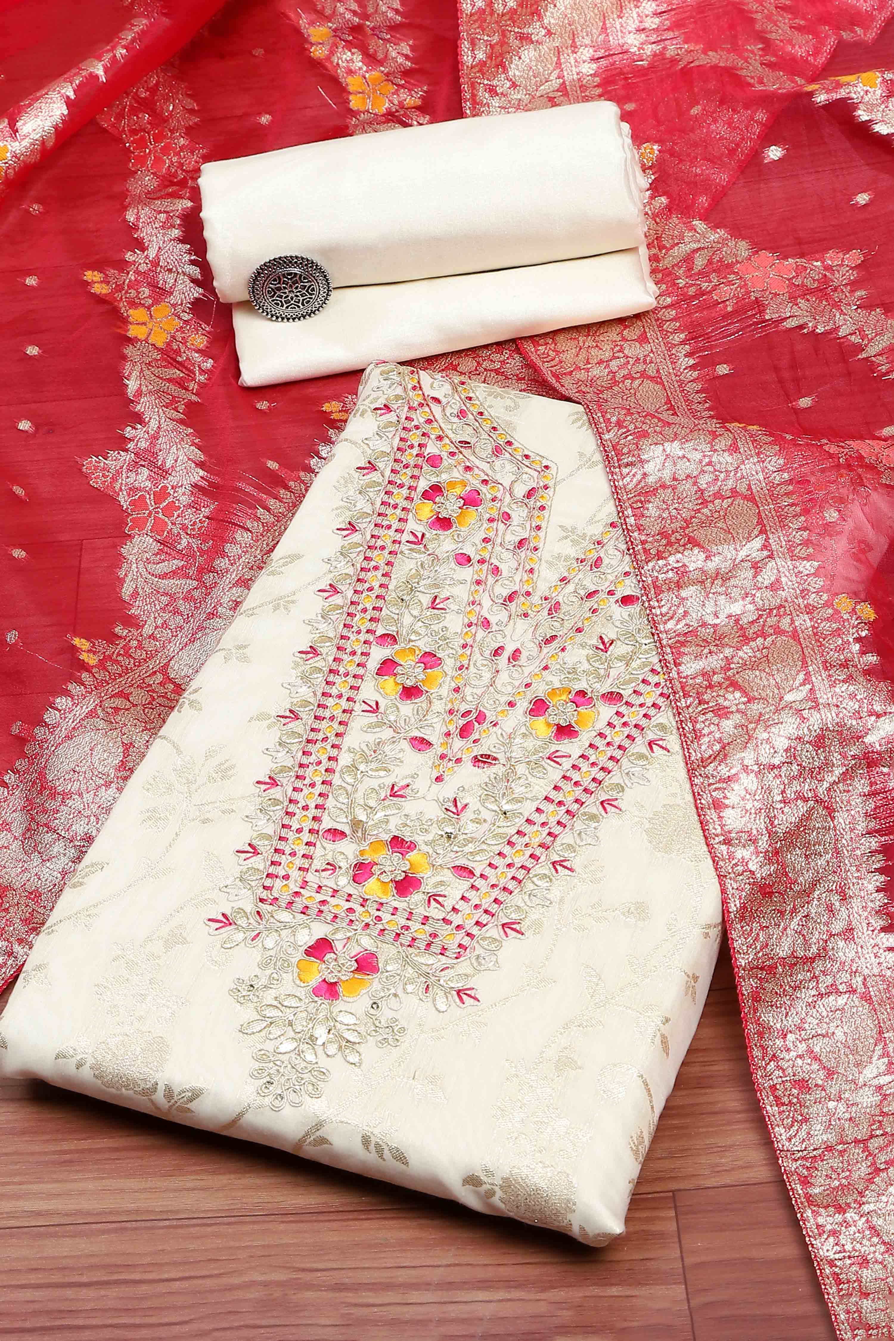 Red Tissue Chanderi Embroidered Unstitched Suit Set image number 0