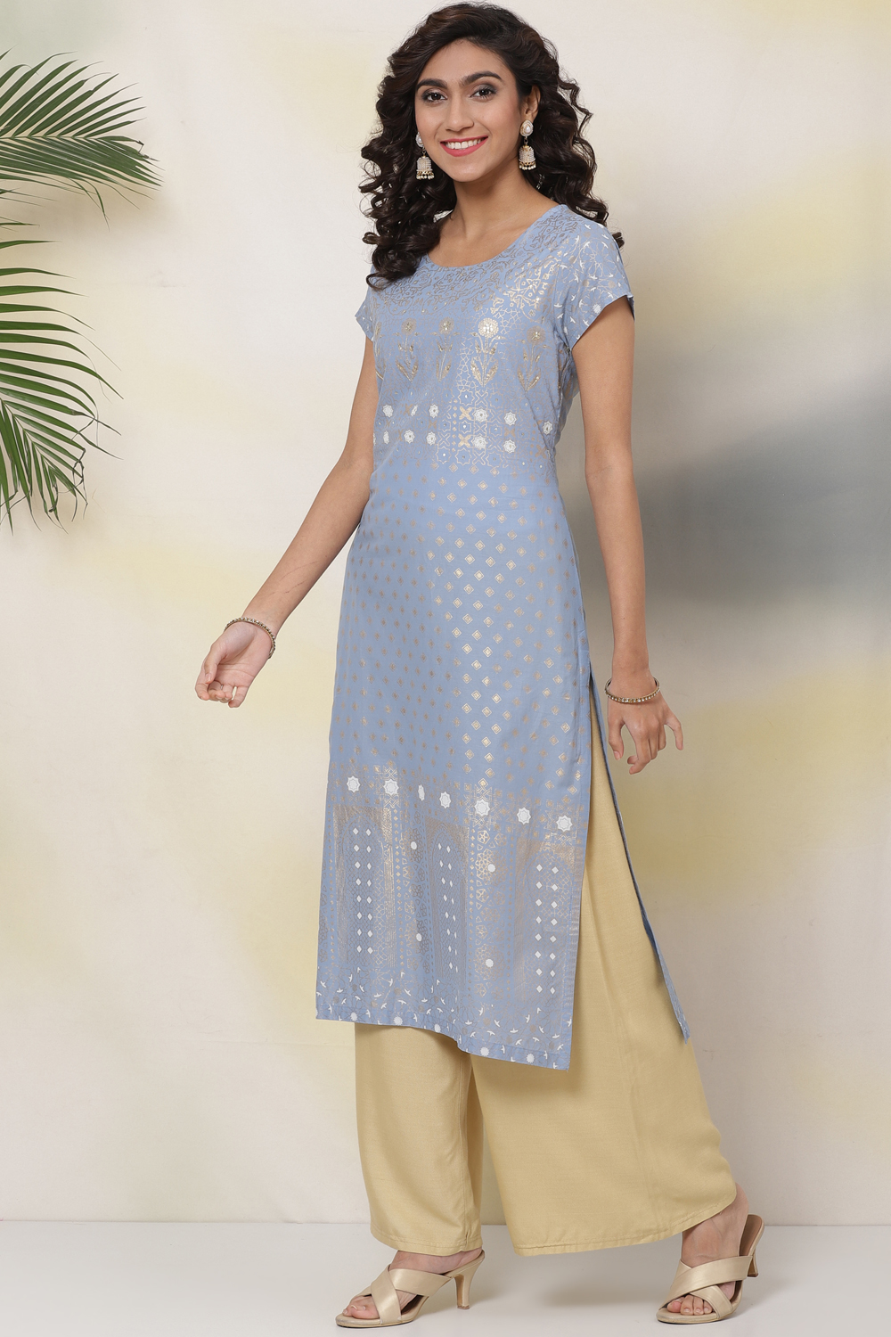 Ice Blue Cotton A Line Kurta image number 2