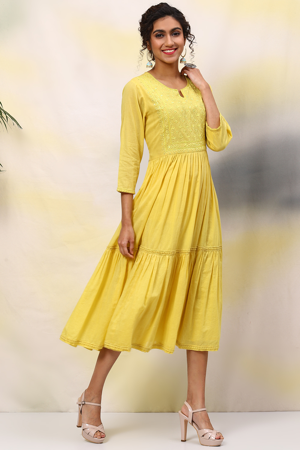 Yellow Cotton Flared Solid Dress image number 3