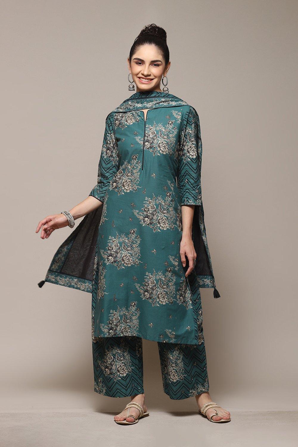 Dark Green Cotton Straight Kurta Palazzo Suit Set image number 7