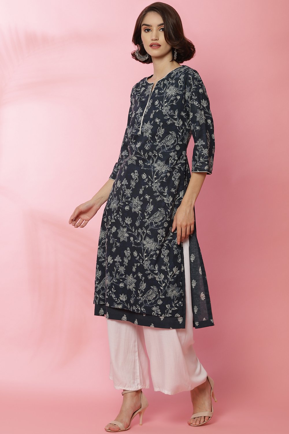 Navy Cotton Straight Printed Kurta image number 0