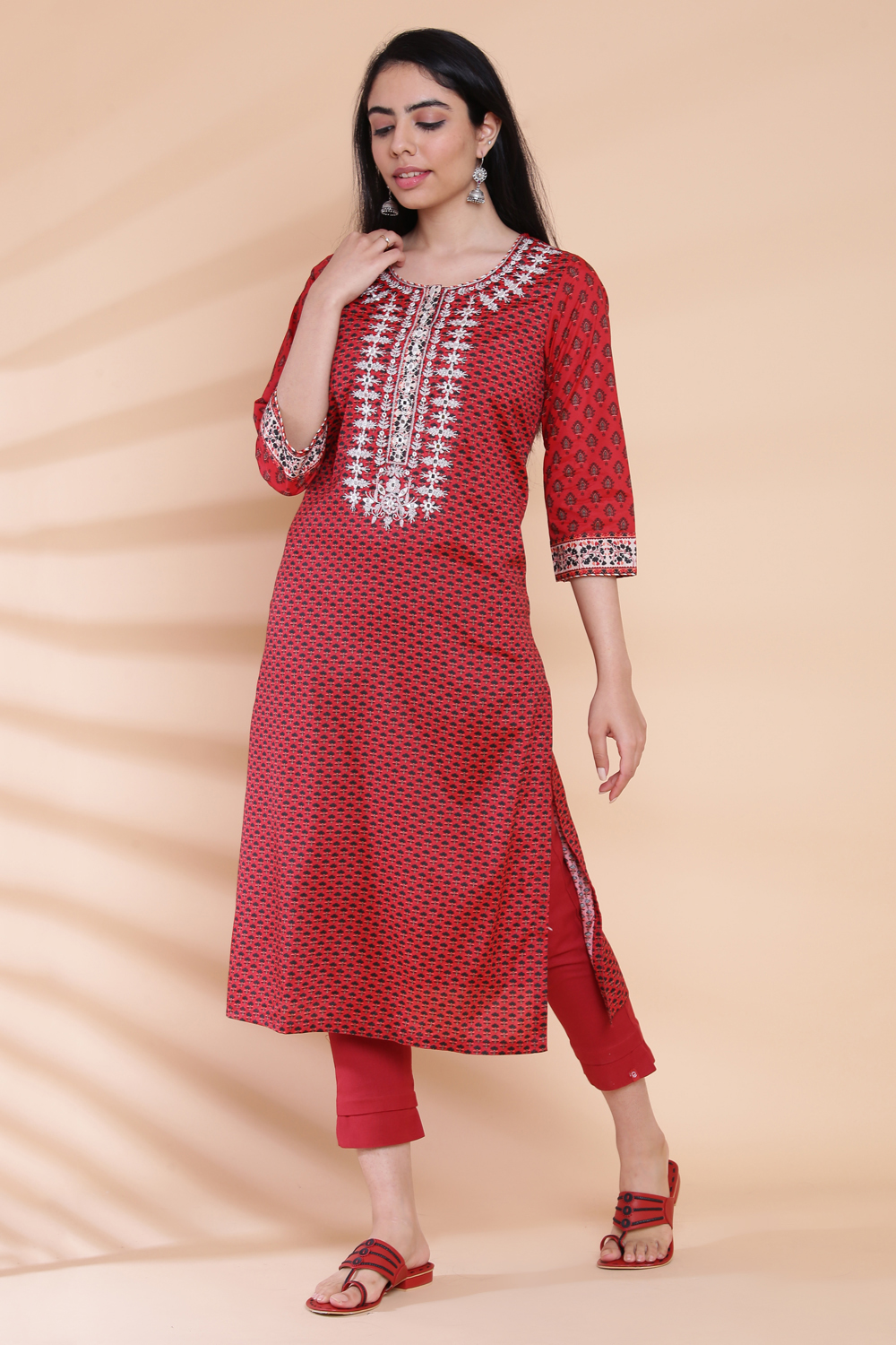 Terracotta Red Viscose Straight Printed Kurta image number 0