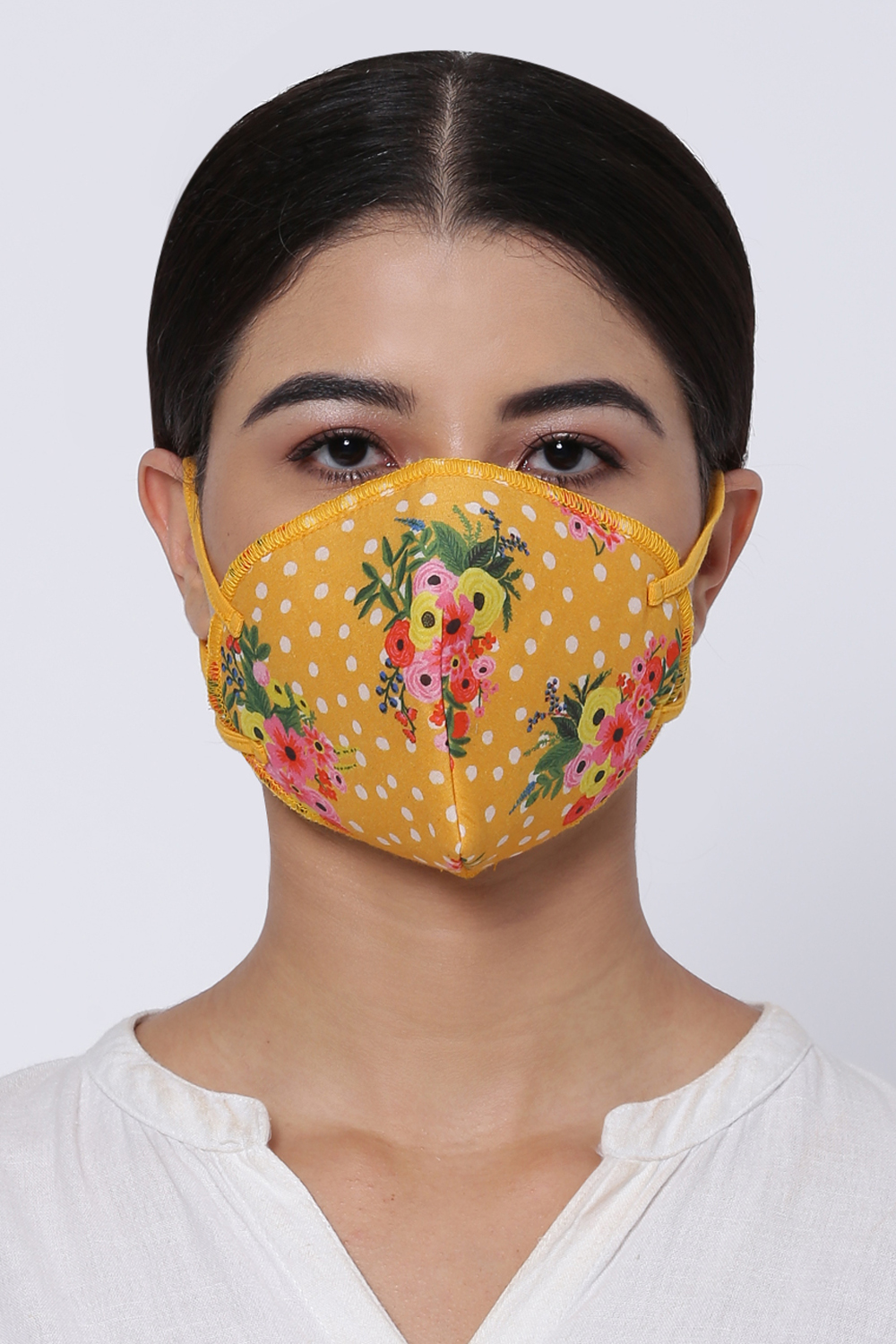 Yellow Cotton Floral Printed Face Mask image number 0