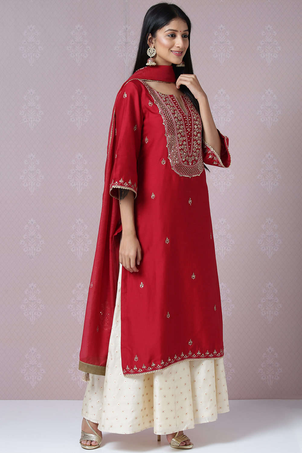 Cherry Red Cotton Silk Sharara Kurta Sharara Suit Set image number 4