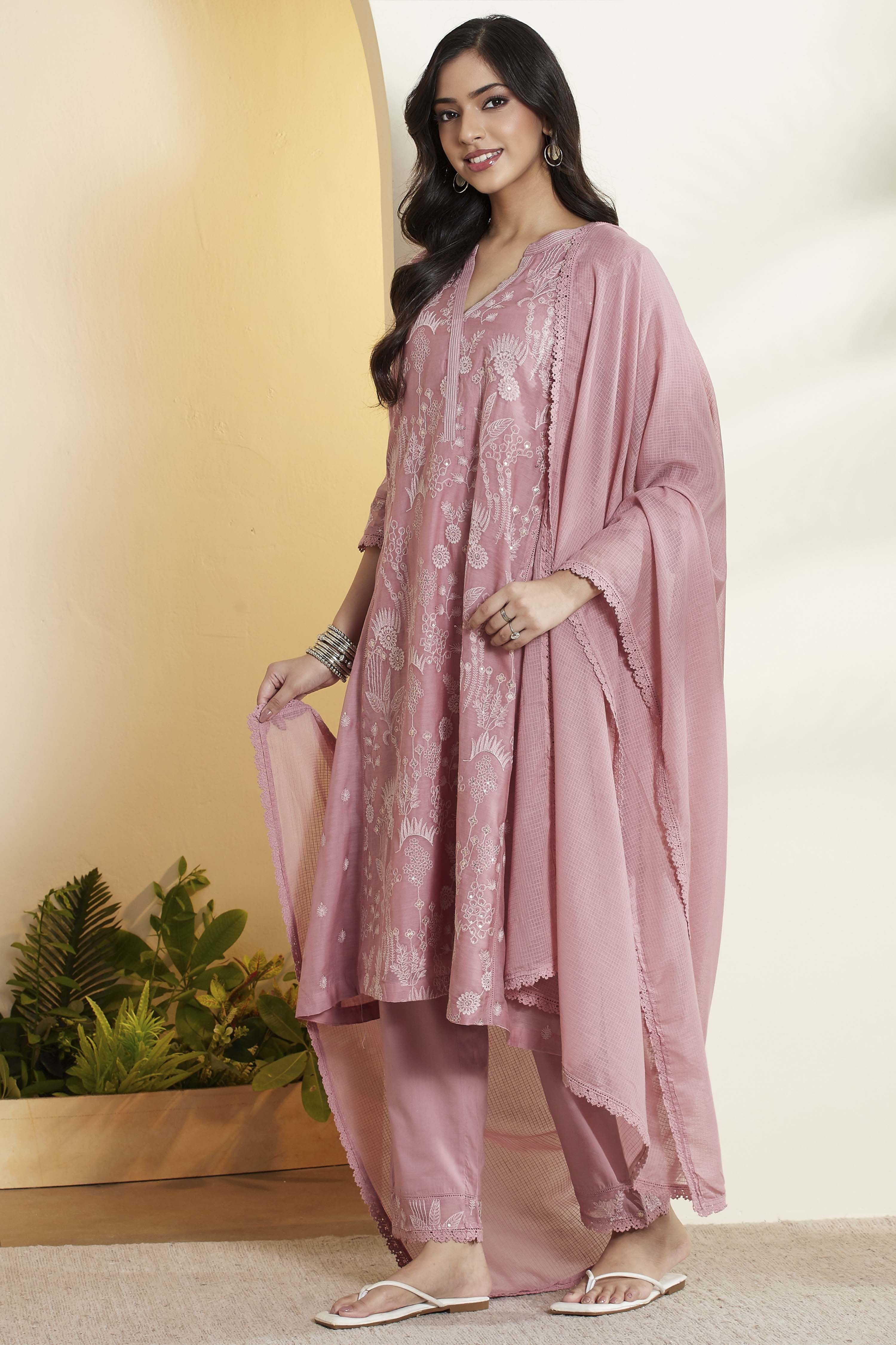 Old Rose Cotton Silk Embroidered A-Line Kurta Set image number 4
