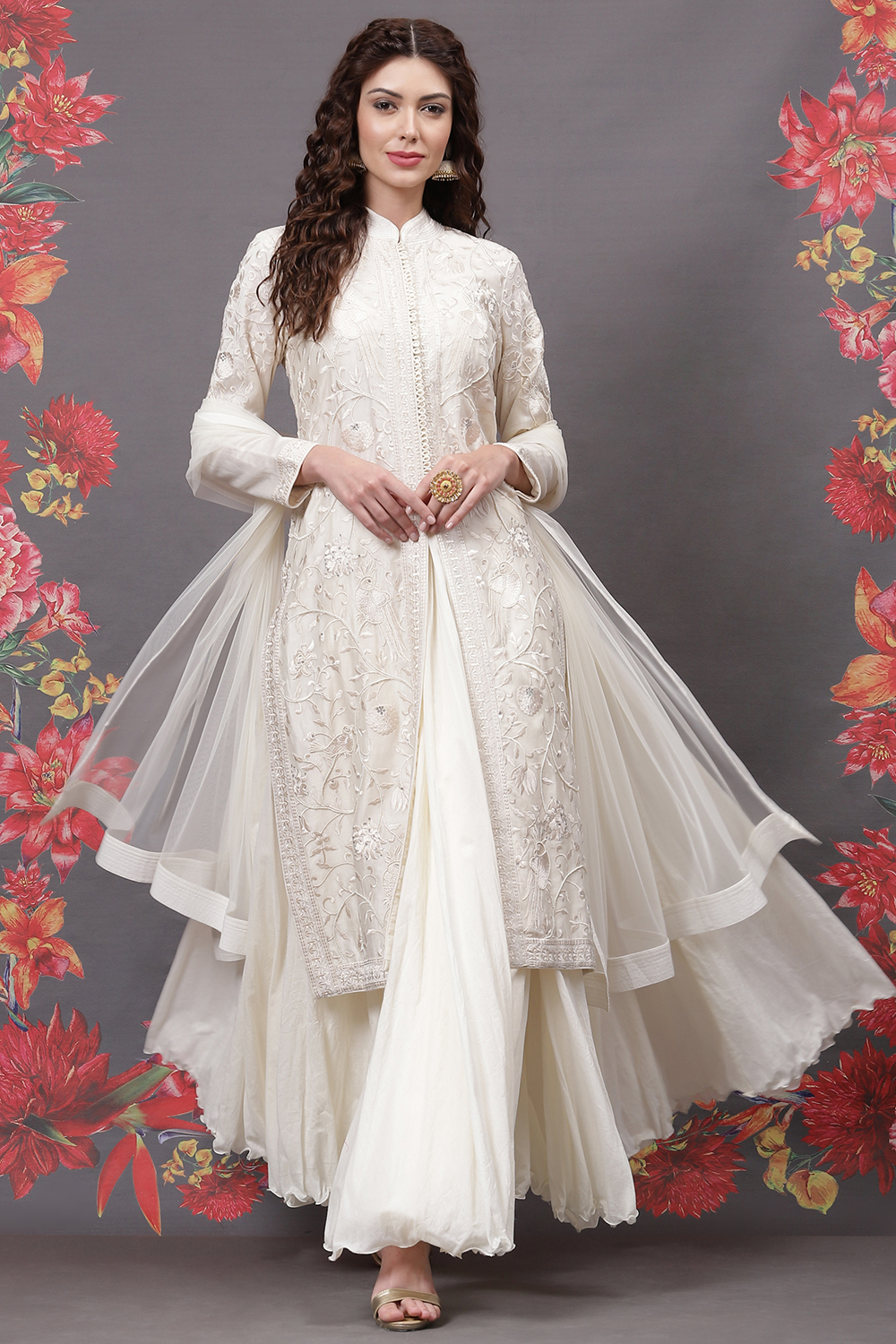 Off White Cotton Silk Straight Yarndyed Suit Set image number 0