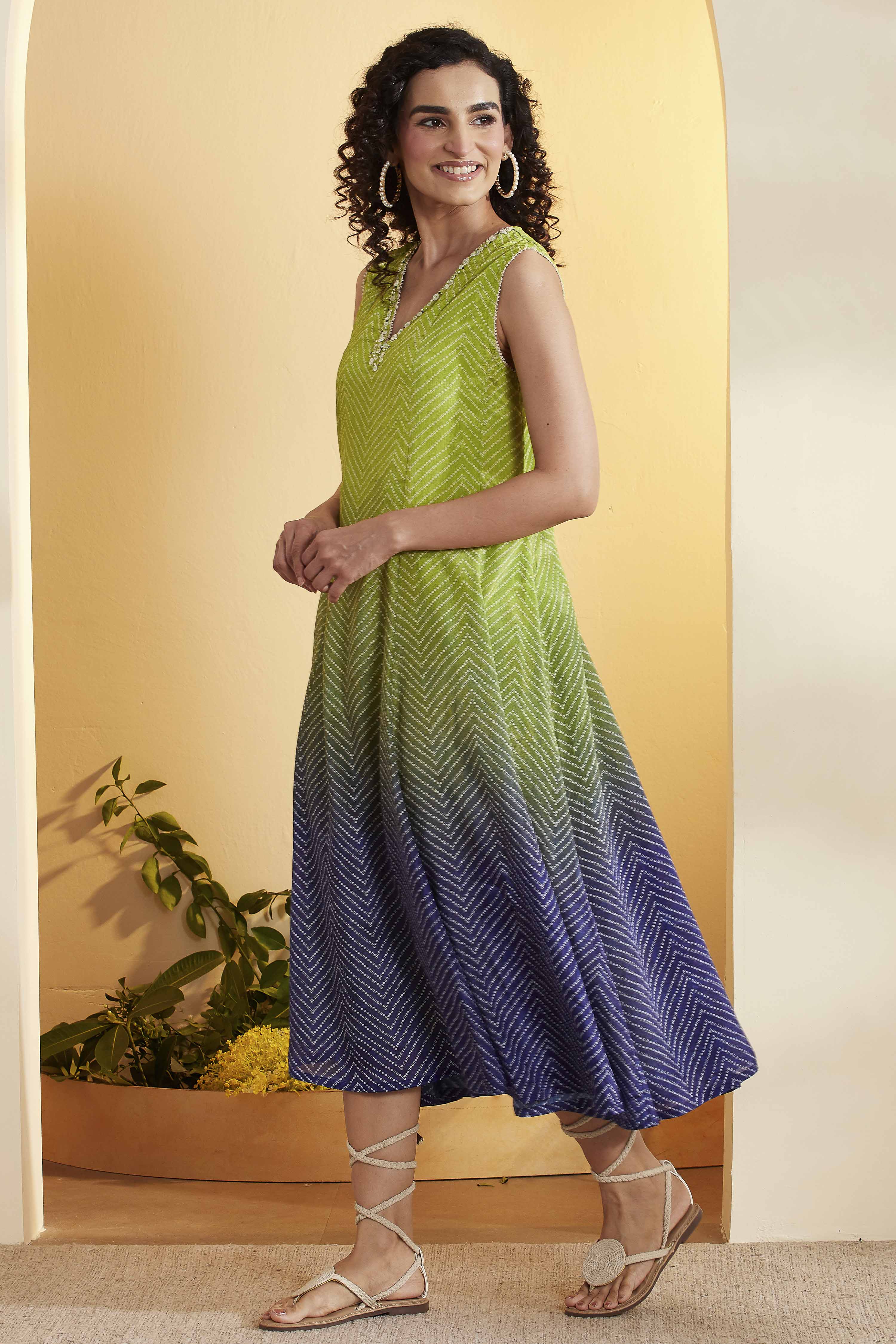 Green Chevron Printed Fit-and-Flare Dress image number 2