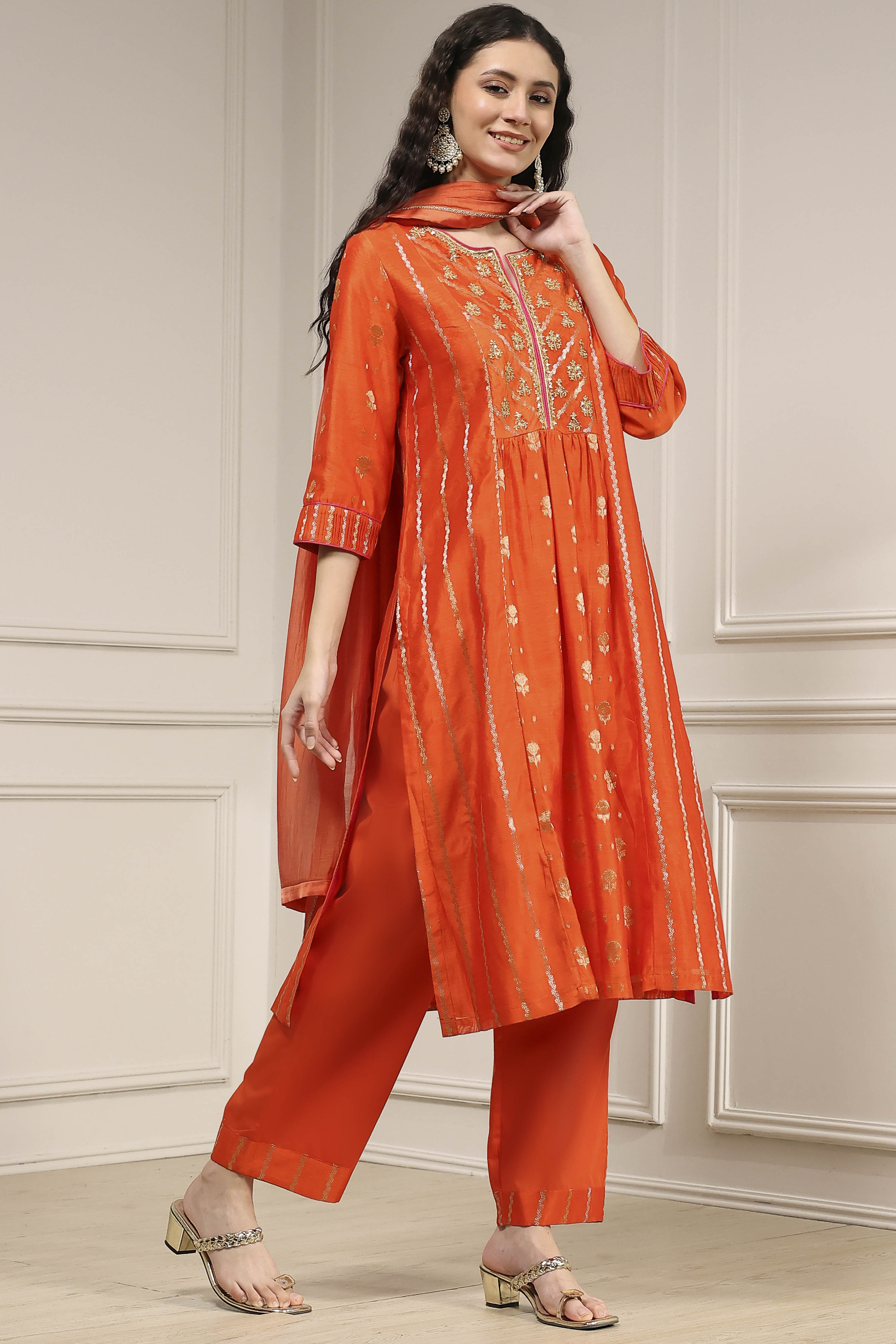 Orange Silk Straight Yarndyed Suit Set image number 5