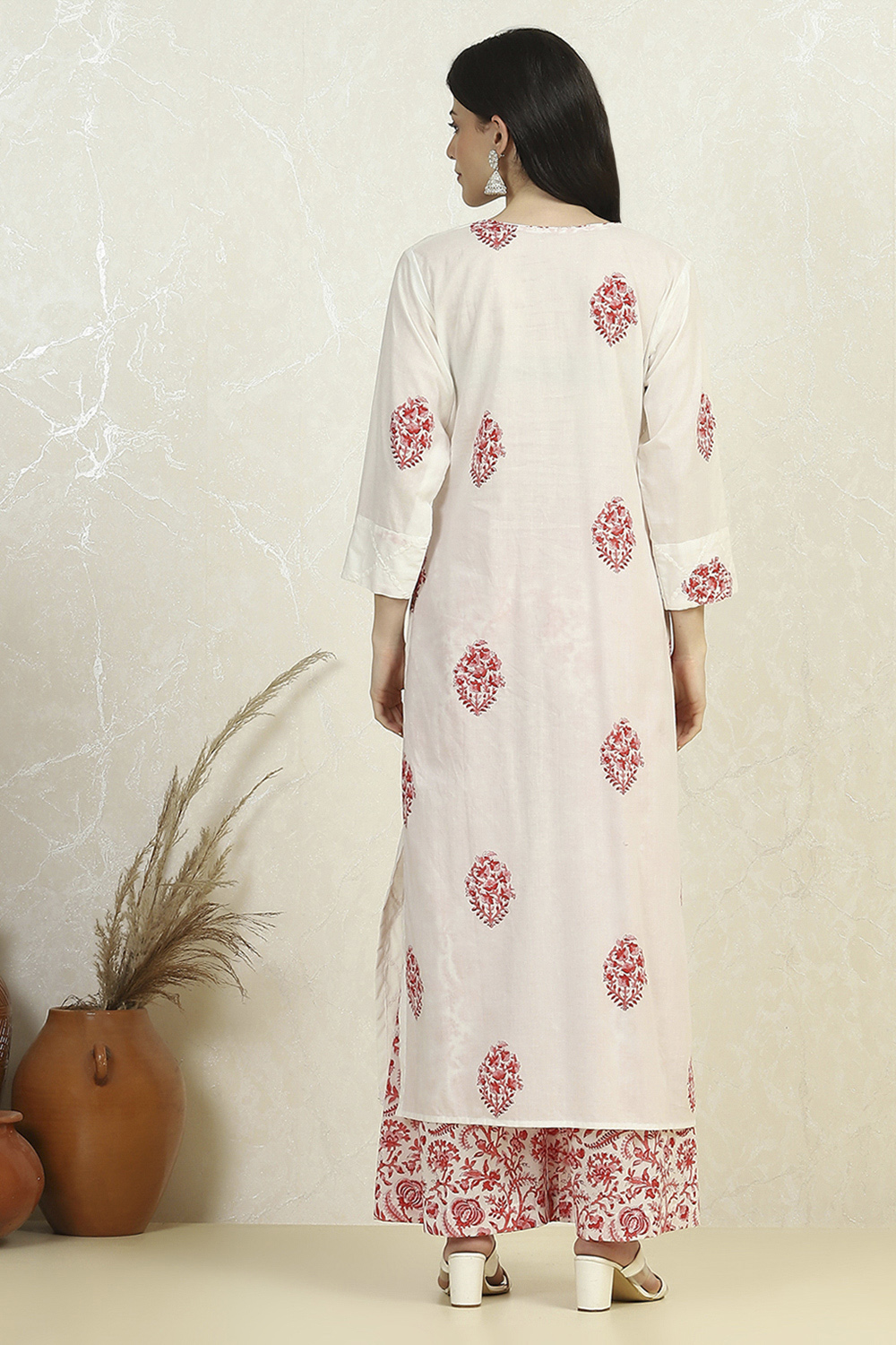 White Pink Cotton Hand Block Print Unstitched Suit Set image number 5