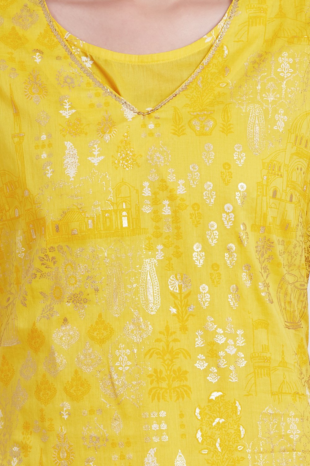 Yellow Cotton Flared Printed Kurta image number 1