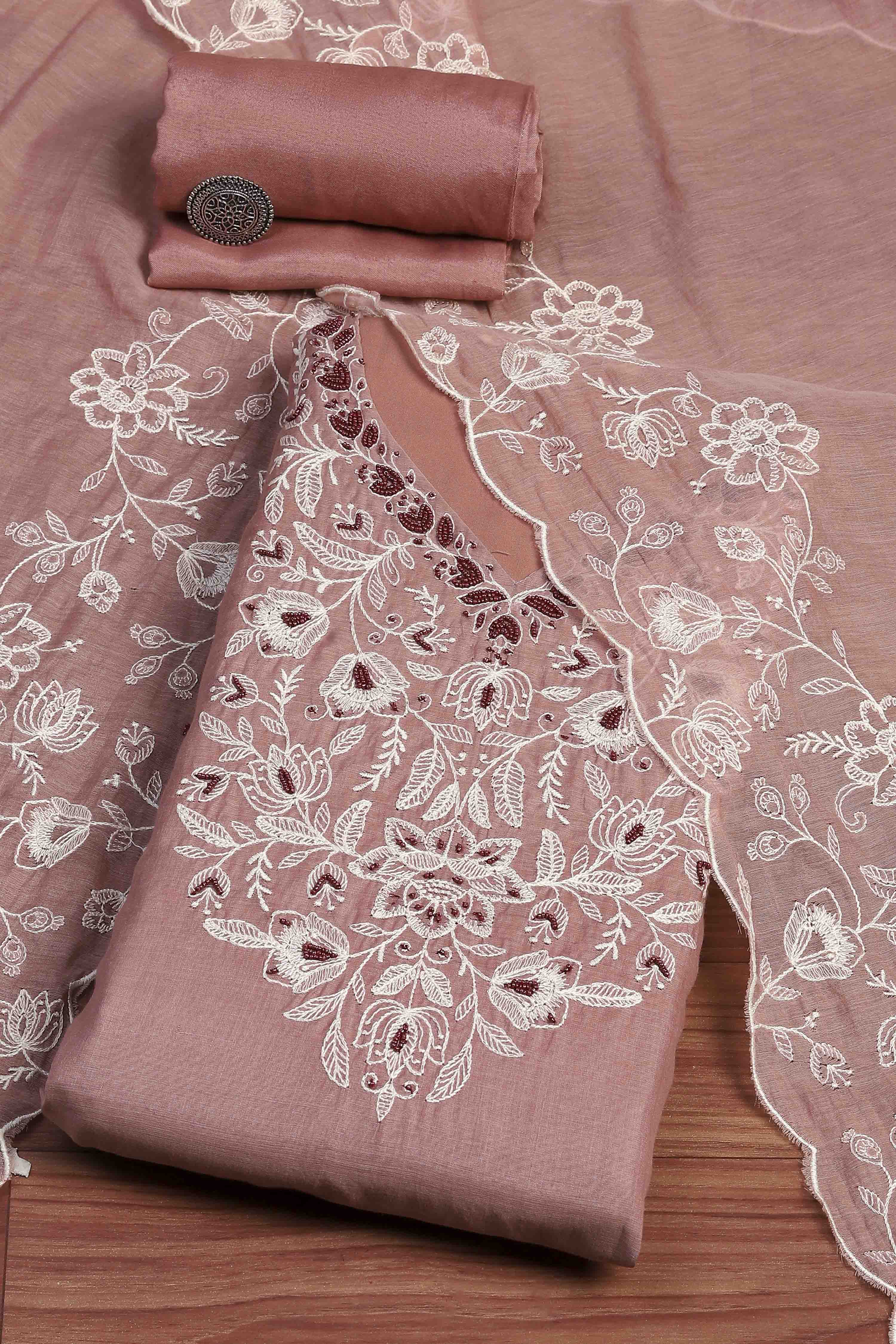 Beige Mul Chanderi Blend Hand Embroidered Unstitched Suit Set image number 0
