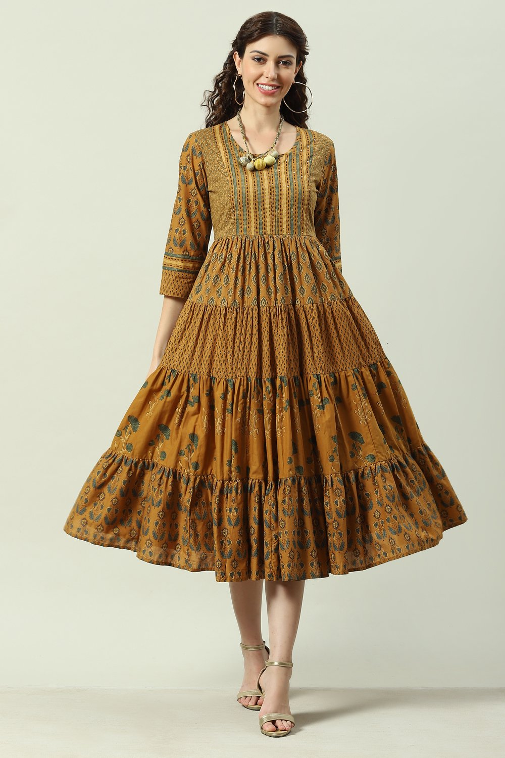 Ochre Cotton Flared Fusion Printed Dress image number 0