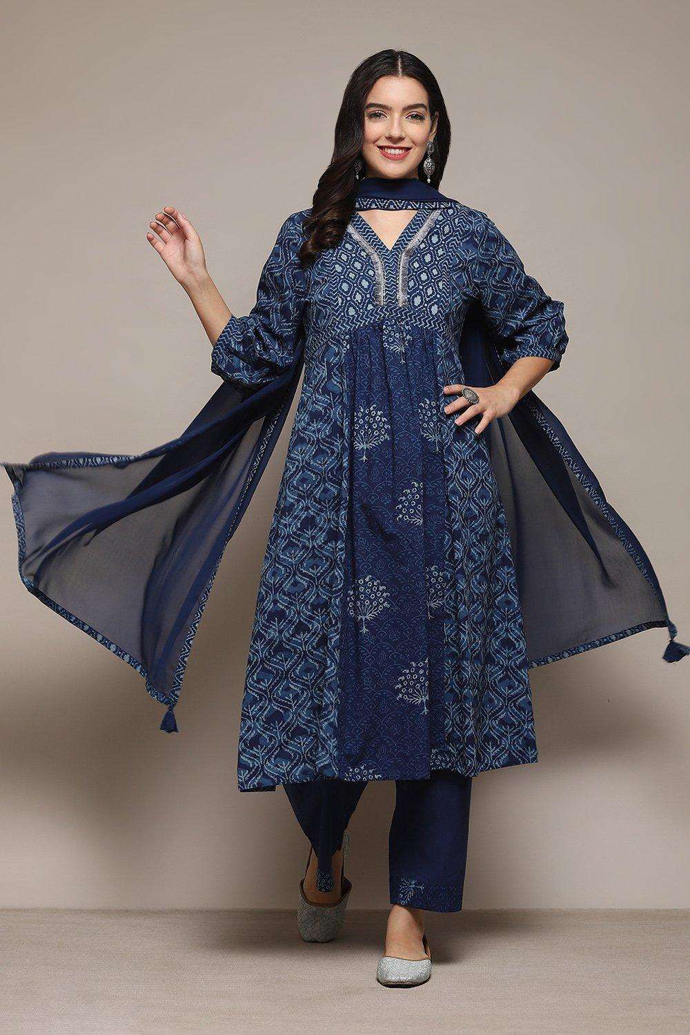 Indigo Cotton Gathered Kurta Palazzo Suit Set image number 0