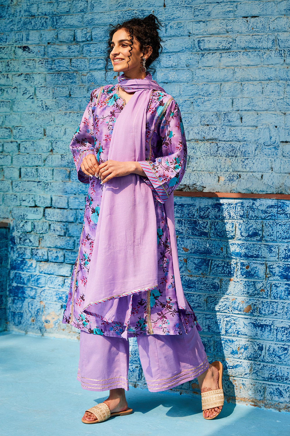 Pink & Purple Cotton Blend Kalidar Kurta Palazzo Suit Set image number 7