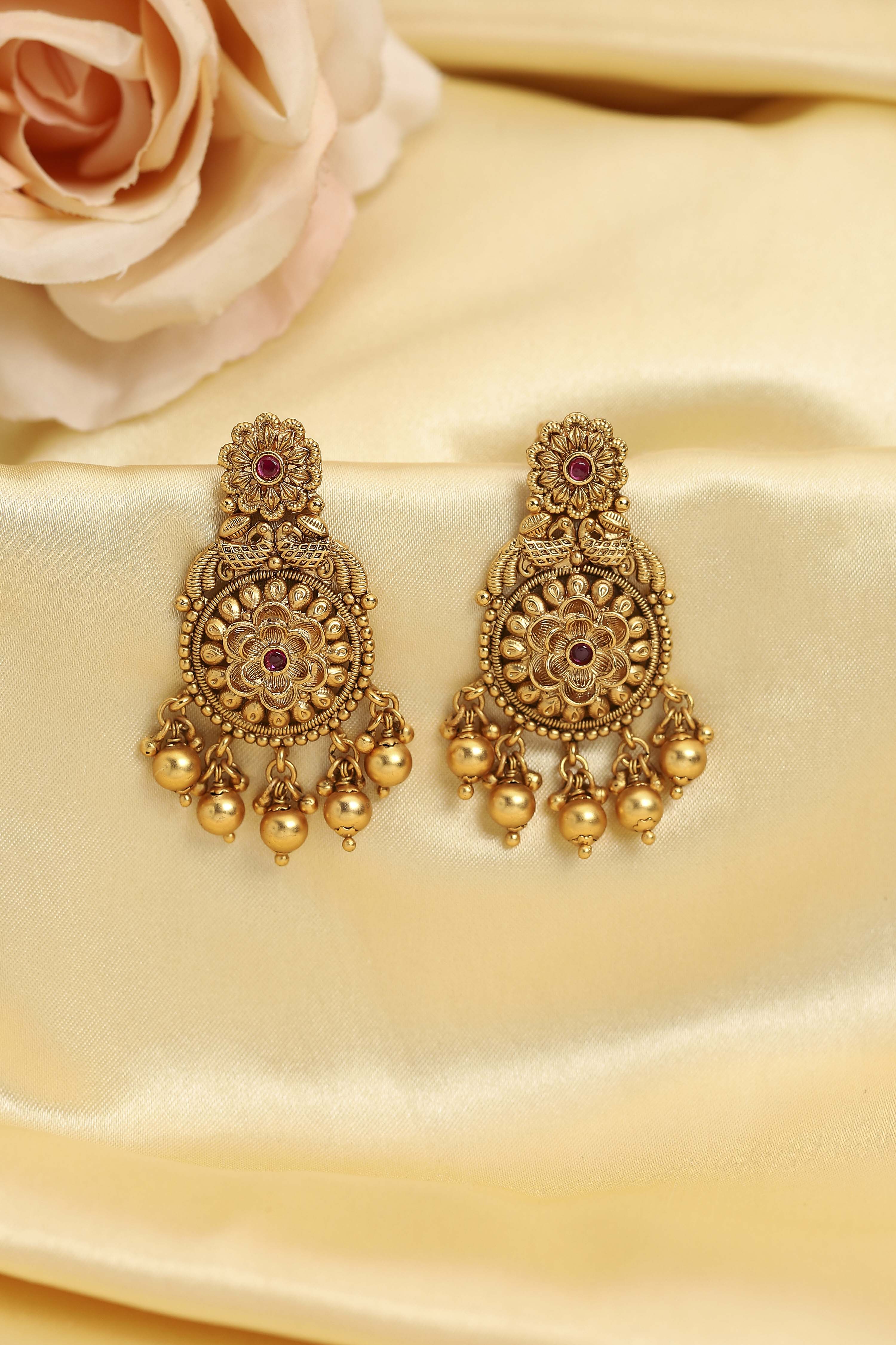 Red Gold Plated Minimal Stone Studded Drop Earrings image number 0