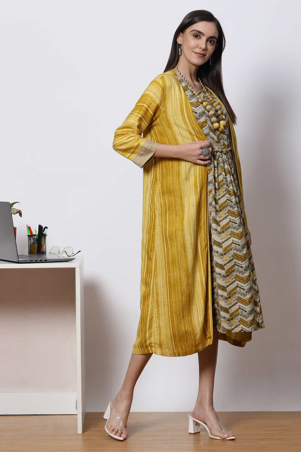 Mud Ochre LIVA A Line Printed Kurta with Jacket image number 5