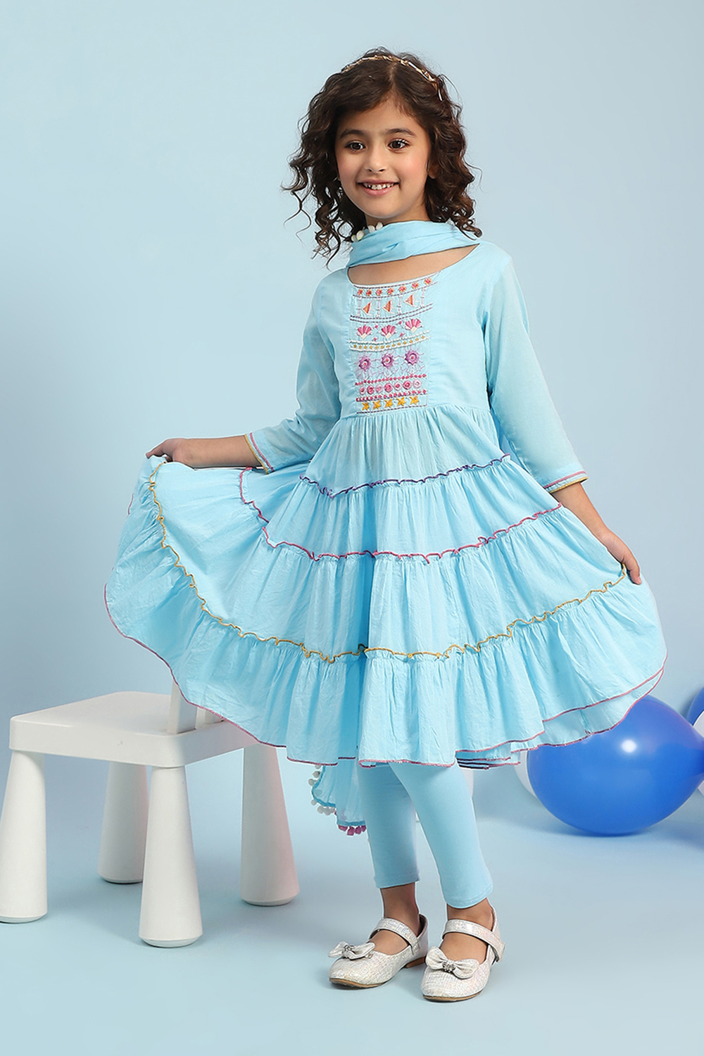 Blue Cotton Tiered Kurta Churidar Suit Set image number 6