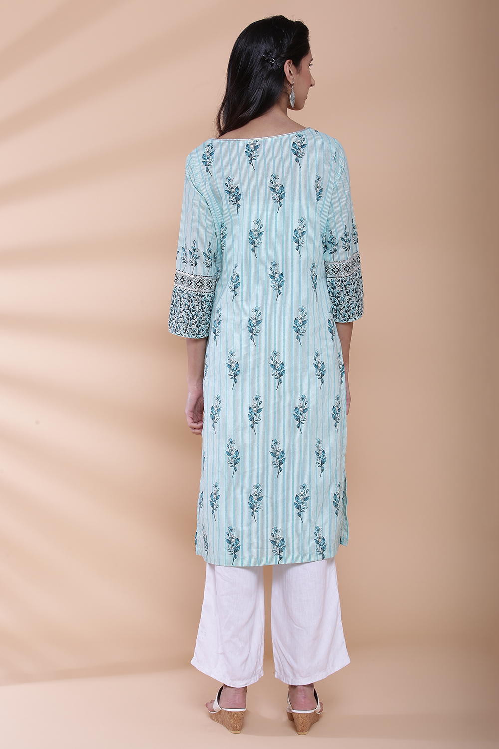 Turquoise Cotton Straight Kurta image number 5