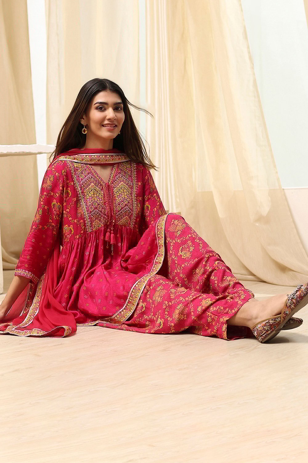 Fuchsia Viscose Floral Printed Peplum Suit Set image number 0