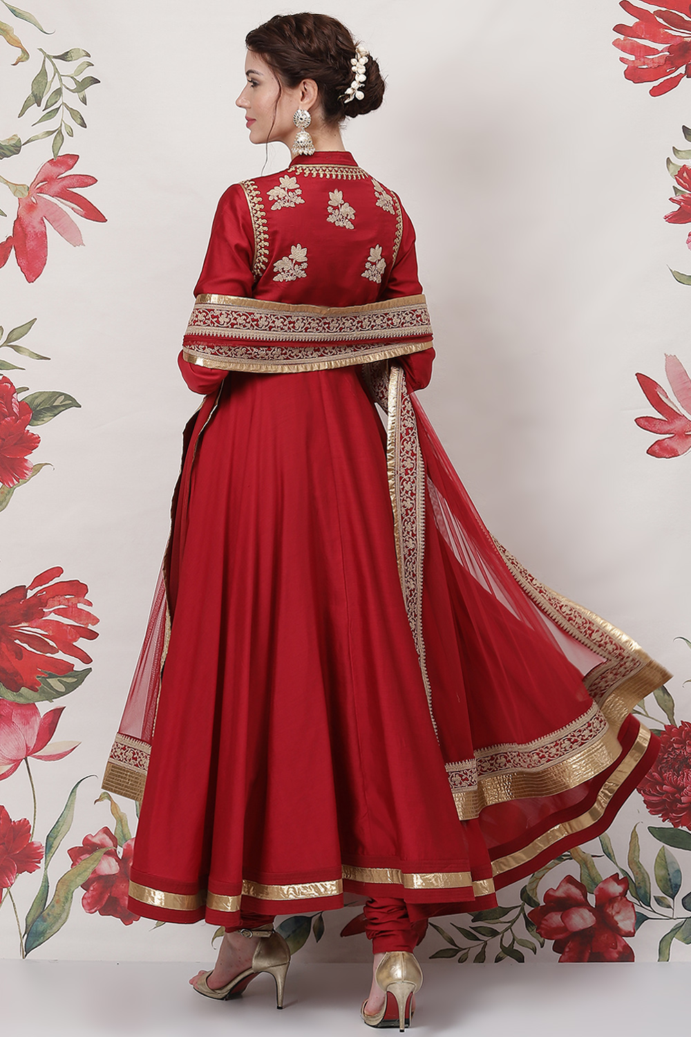 Red Cotton Silk Anarkali Yarndyed Suit Set image number 4